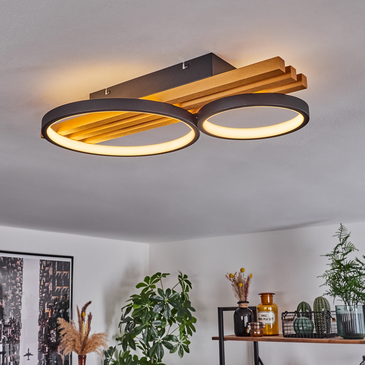 Moderne Deckenlampe mit zwei kreisförmigen Lichtern und Holzlatten. Pflanzen und Dekorationen auf einem Regal darunter. Weiße Decke.