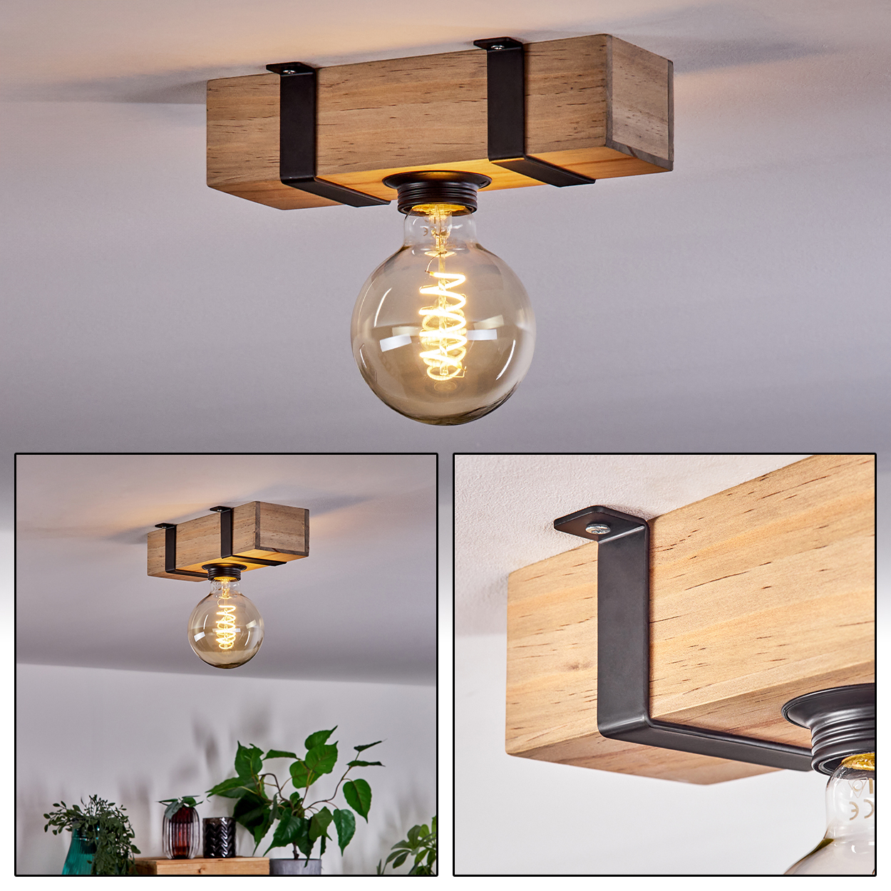 Eine Deckenleuchte aus Holzbalken mit einer großen, runden, freiliegenden Glühbirne. Die Leuchte hat schwarze Metallstützen.