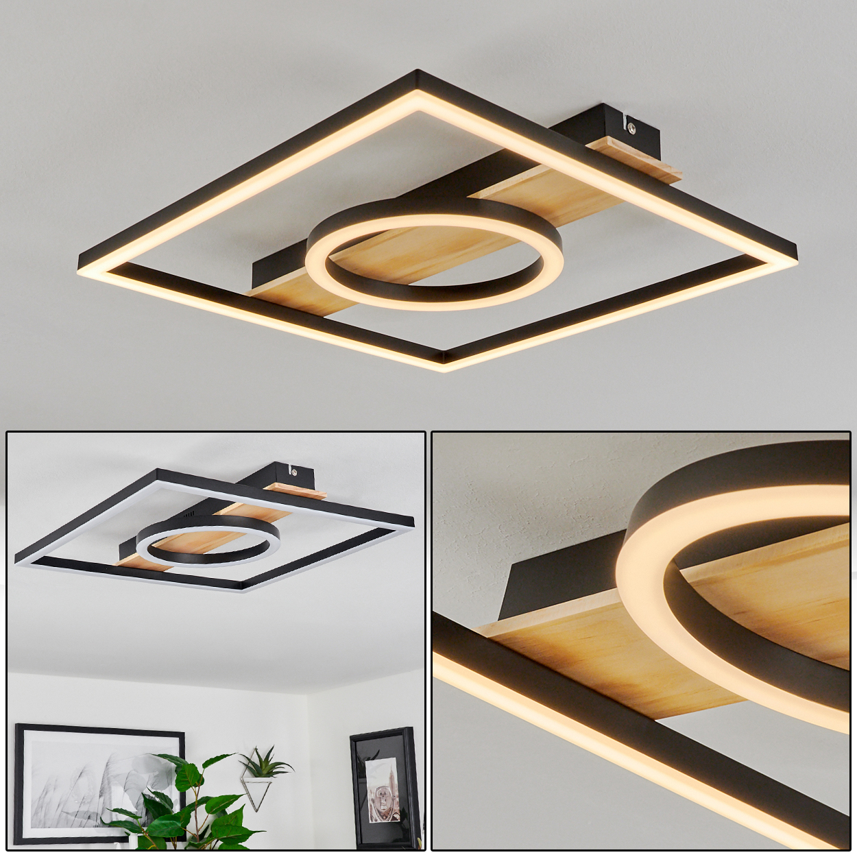 Eine moderne Deckenleuchte mit quadratischem Außenrahmen, kreisförmigem Innenelement und holzähnlicher Mittelplatte. Weiches Licht leuchtet.