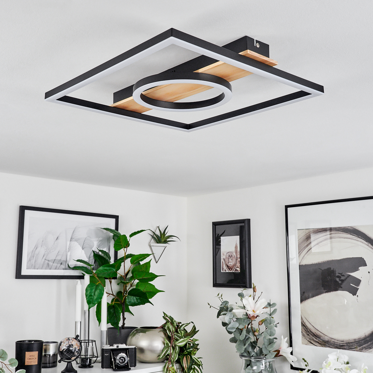 Moderne Deckenleuchte mit quadratischem und kreisförmigem Design, gepaart mit gerahmter Kunst und Pflanzen vor weißer Wand.