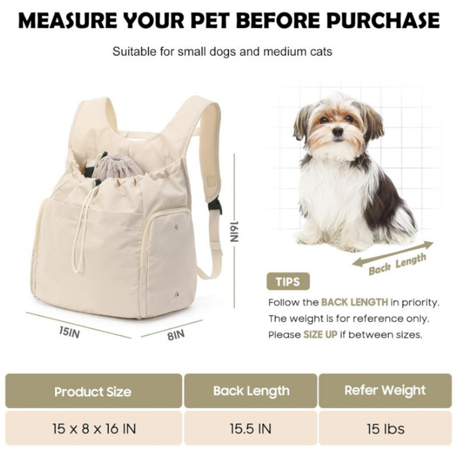Eine beige Tier-Tragetasche mit Maßen, ein Hund und Text zur Größe. Die Tasche ist 15x8x16 Zoll groß.