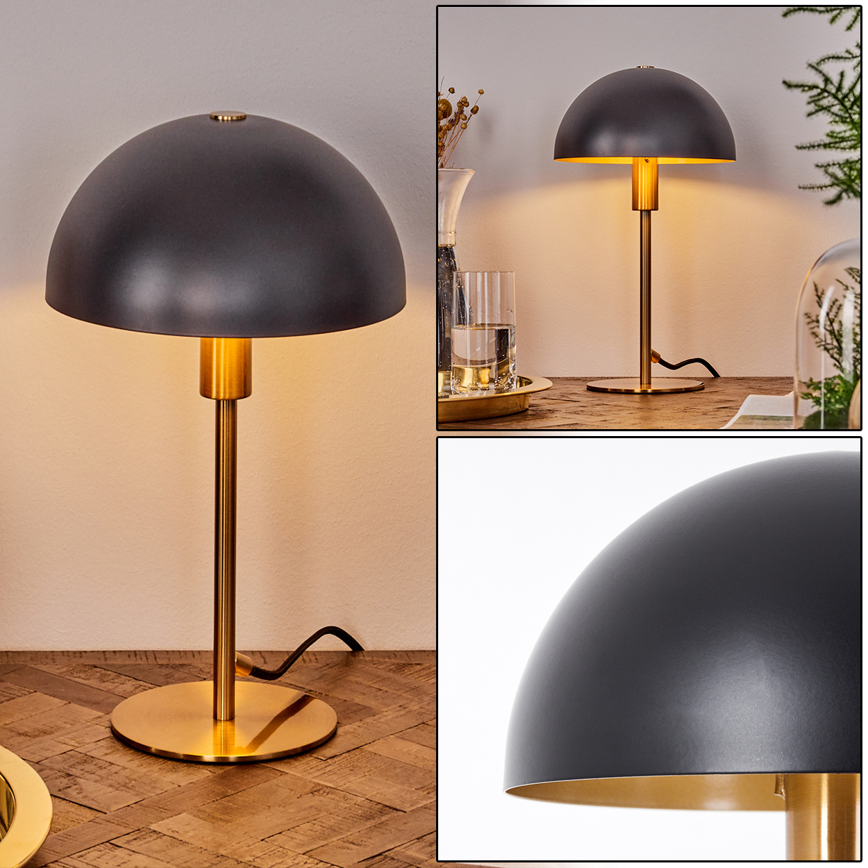 Eine schwarz-goldene Kuppellampe steht auf einer Holzoberfläche. Die Lampe hat einen abgerundeten Schirm und einen runden Fuß.