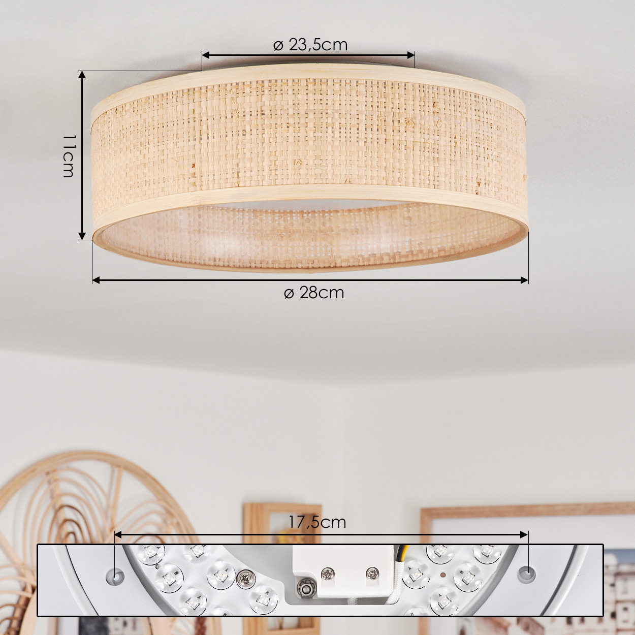 Ein runder Lampenschirm aus Rattan mit Maßangaben. Der Boden zeigt eine detaillierte Ansicht des LED-Beleuchtungssystems.