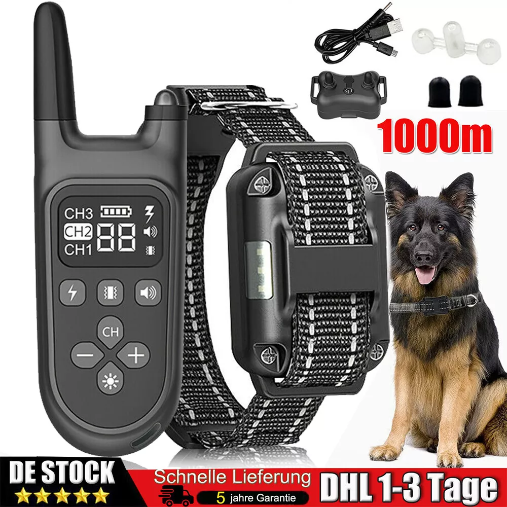 Ein Hundetrainingshalsband-Set. Enthält eine Fernbedienung, ein Halsband, ein Ladegerät und einen Deutschen Schäferhund. Text: 1000m, DHL 1-3 Tage, 5 Jahre Garantie.