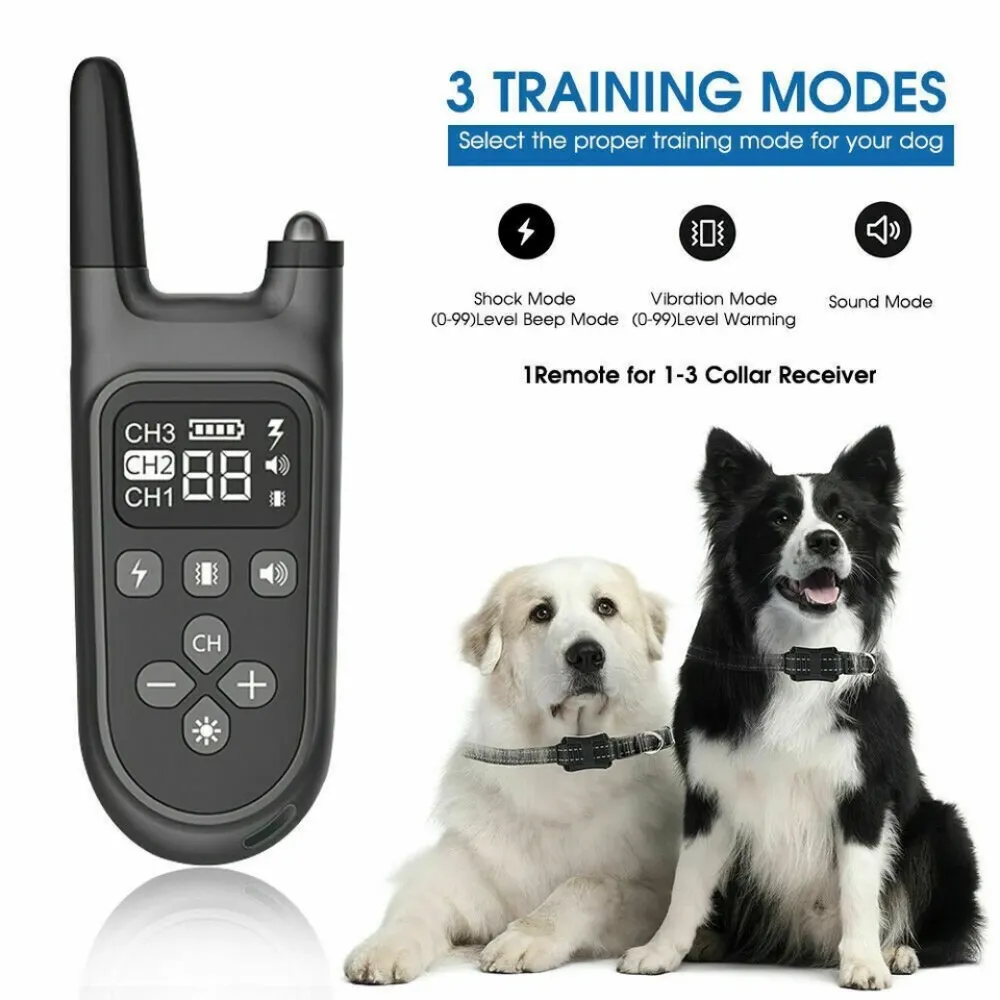 Das Bild zeigt ein Hunde-Trainingsgerät mit zwei Hunden, die Halsbänder tragen. Der Text weist auf 3 Trainingsmodi hin: Schock, Vibration und Ton.