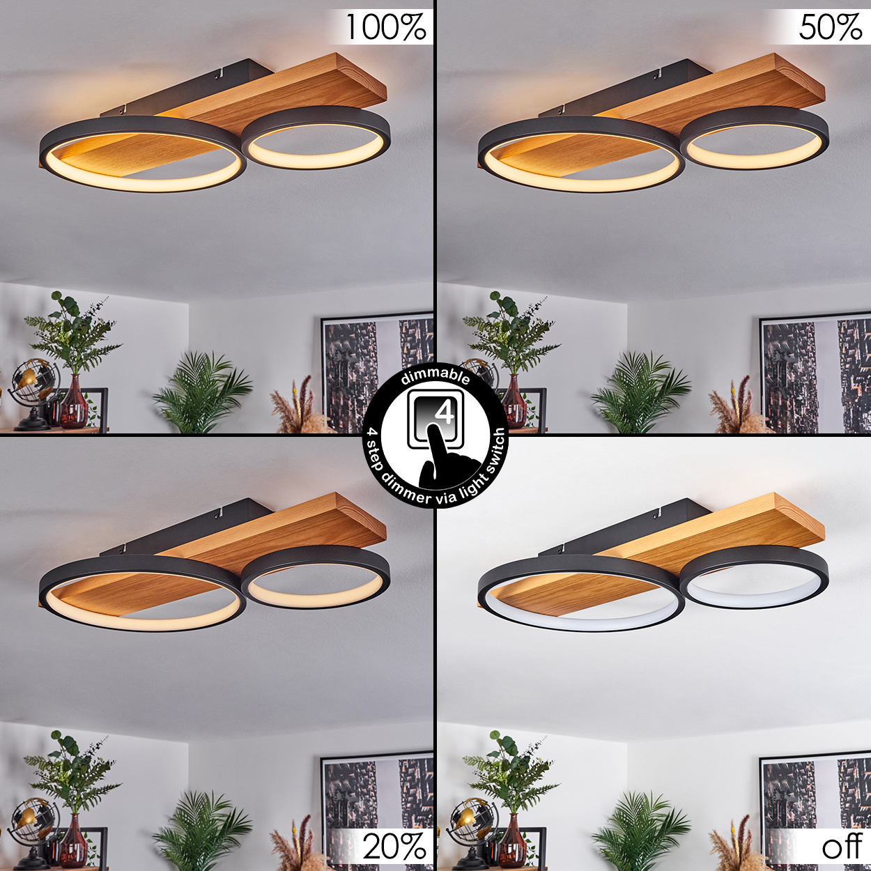 Vier Bilder zeigen eine Deckenleuchte mit Holz und schwarzen Ringen bei 100 %, 50 %, 20 % Helligkeit und aus. Pflanzen und Kunst im Hintergrund.