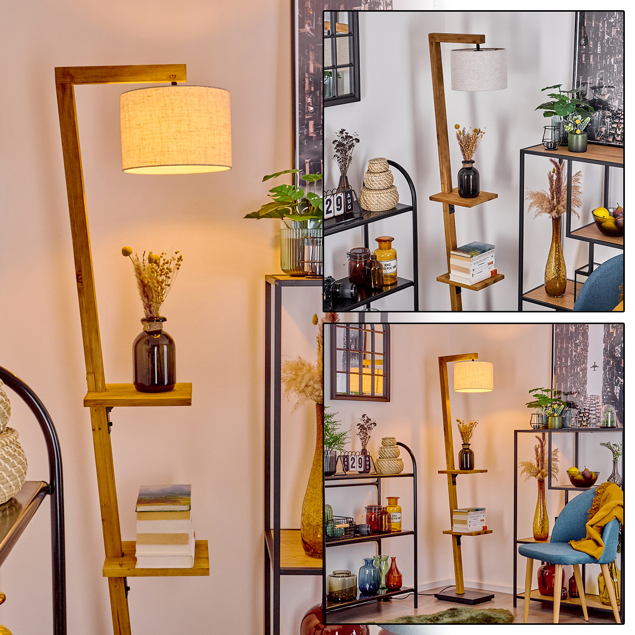 Holz-Stehleuchte mit Regalen, Vase mit Trockenblumen, Bücher und Regale mit Gegenständen, ein blauer Stuhl.
