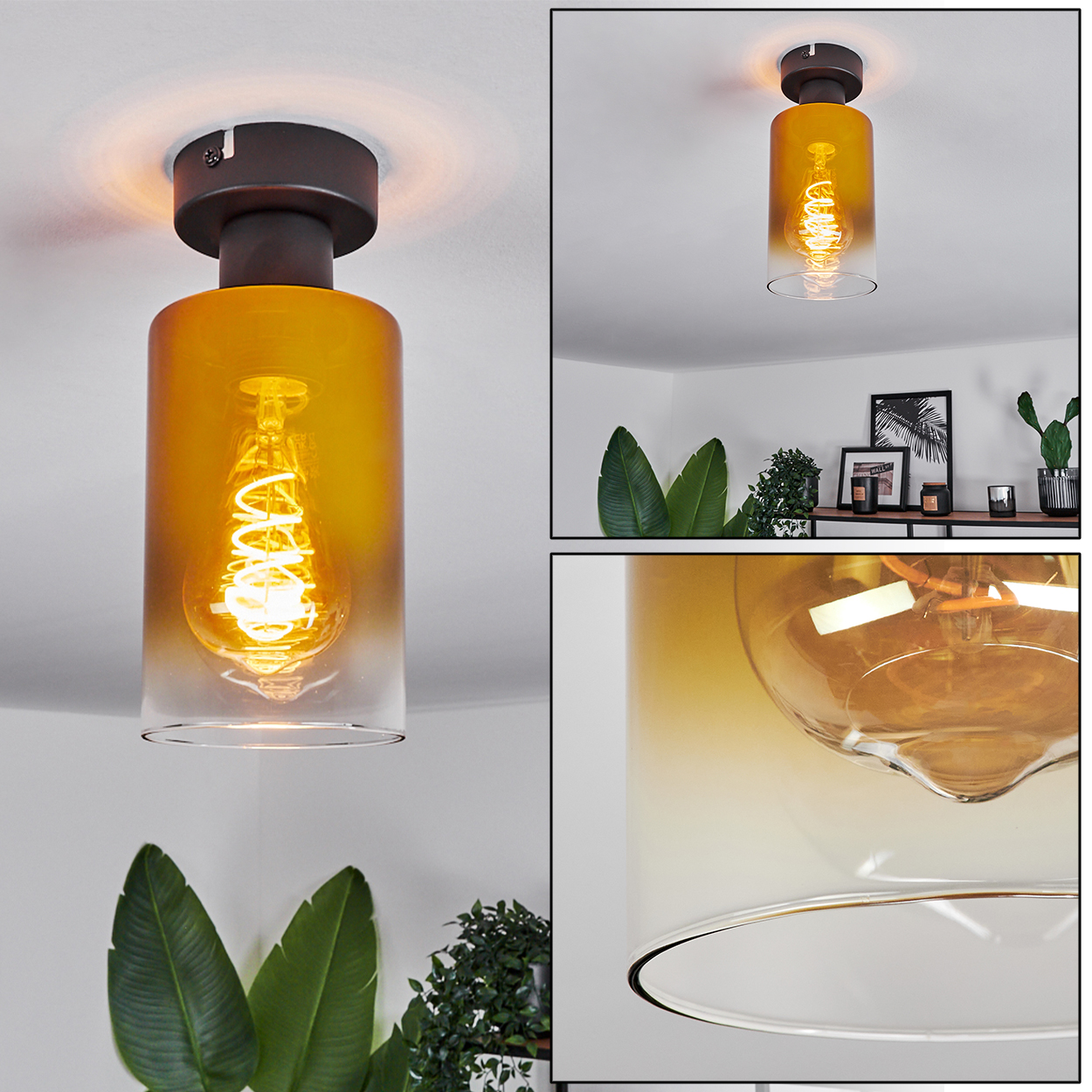 Eine Deckenleuchte mit gelbem Glasschirm und Wendelglühbirne. Die Leuchte ist an einer weißen Decke montiert.