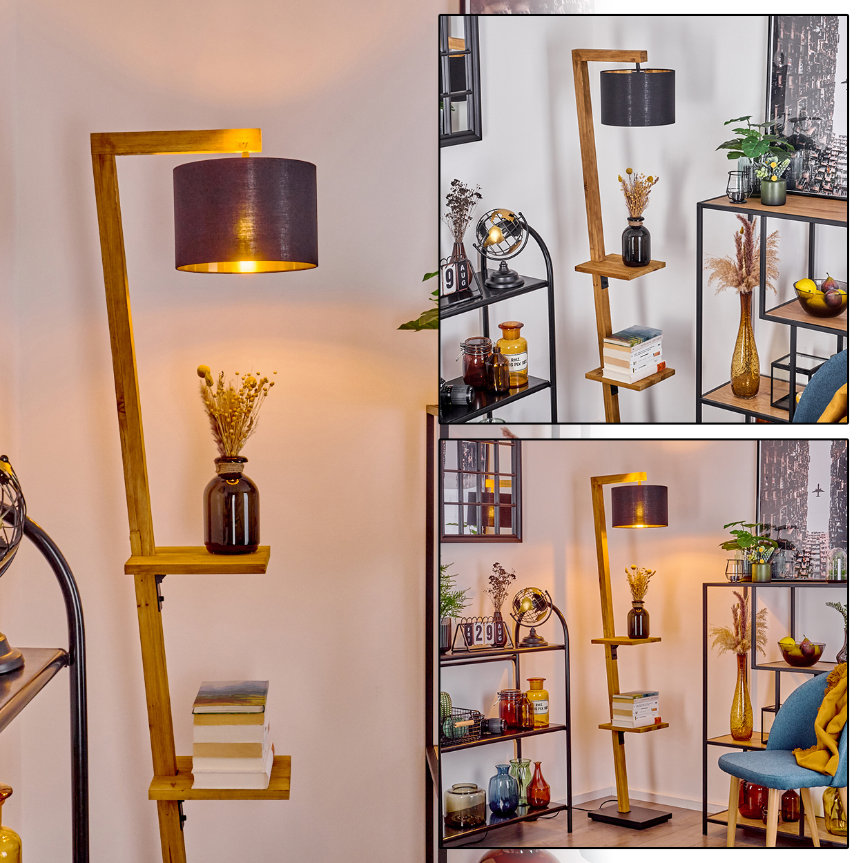 Holz-Stehlampe mit Regalen, schwarzem Lampenschirm und Dekoration. Weitere Regale mit Dekor sind im Hintergrund.