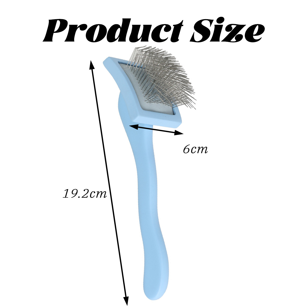 Eine blaue Haustierbürste mit Metallborsten. Abmessungen: 19,2 cm lang und 6 cm breit. Text: Produktgröße.
