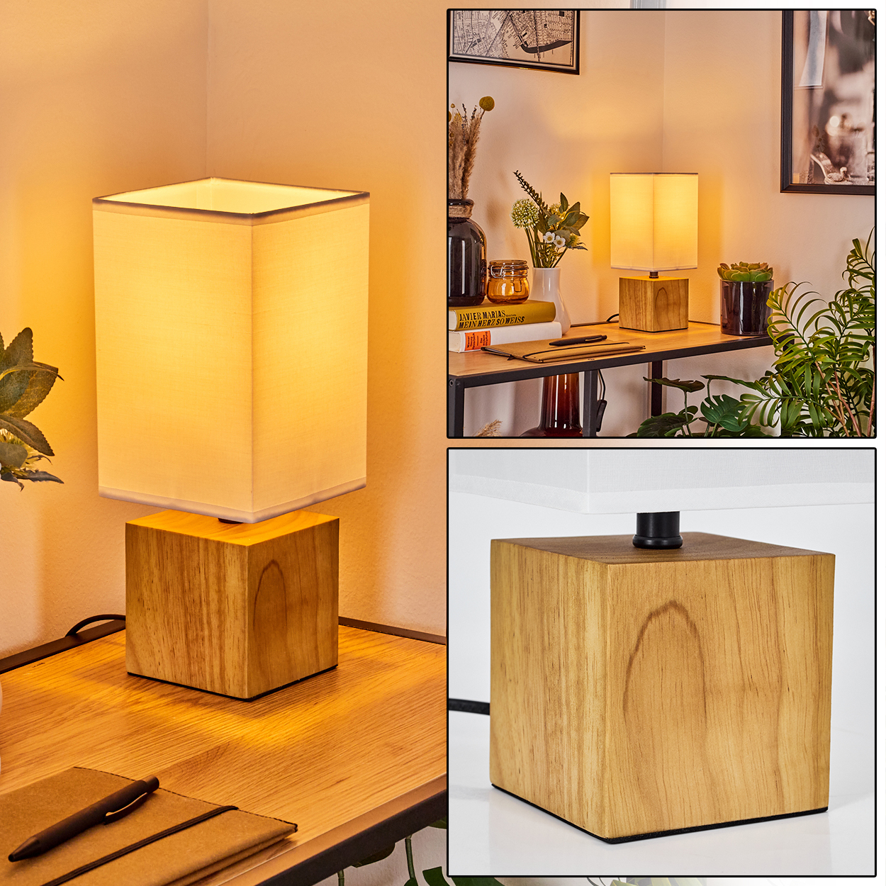 Eine quadratische Lampe mit Holzsockel und weißem Lampenschirm. Sie steht auf einem Holztisch mit Stift und Notizbuch.