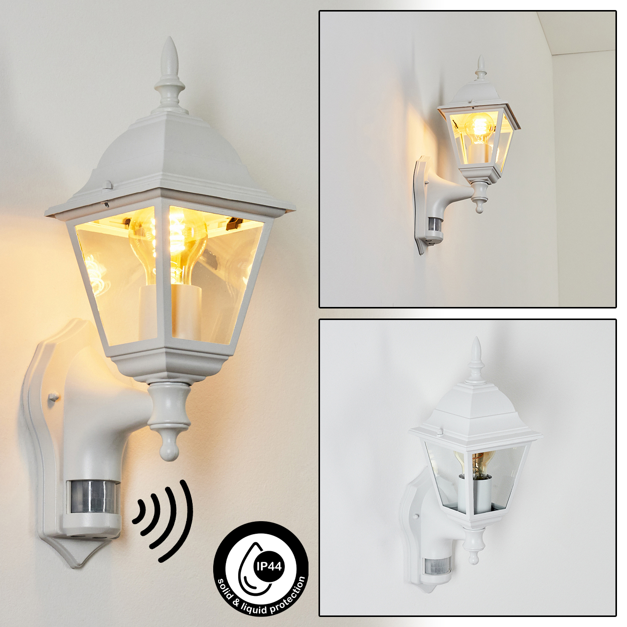 Weiße Außenlampe mit Sensor, leuchtender Glühbirne und IP44-Schutzsymbol, an einer weißen Wand montiert. Die Lampe ist klassisch.