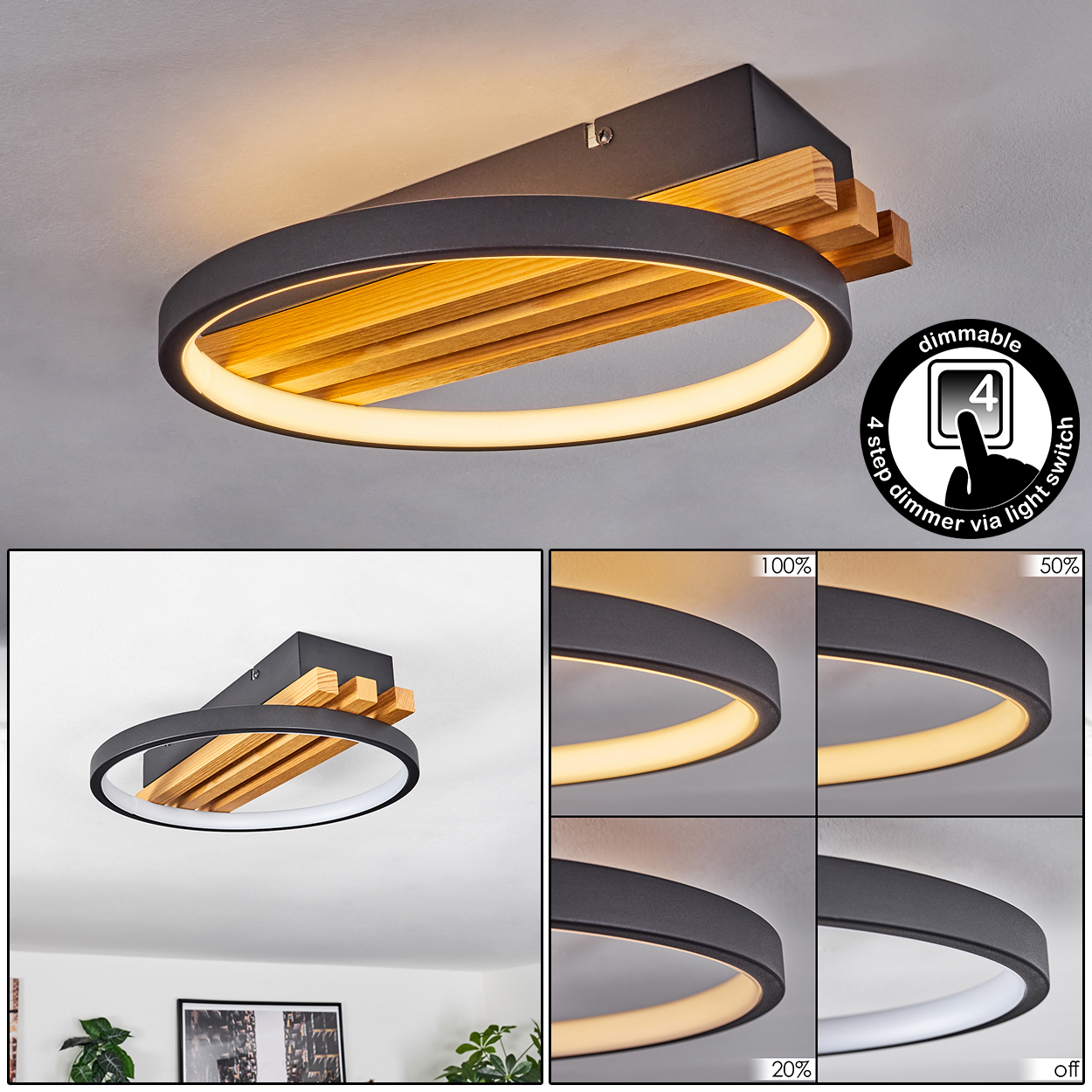 Eine moderne Deckenleuchte mit schwarzem Metallring und Holzlatten. Sie verfügt über eine Dimmfunktion mit vier Einstellungen. Das Licht ist unten rechts ausgeschaltet.