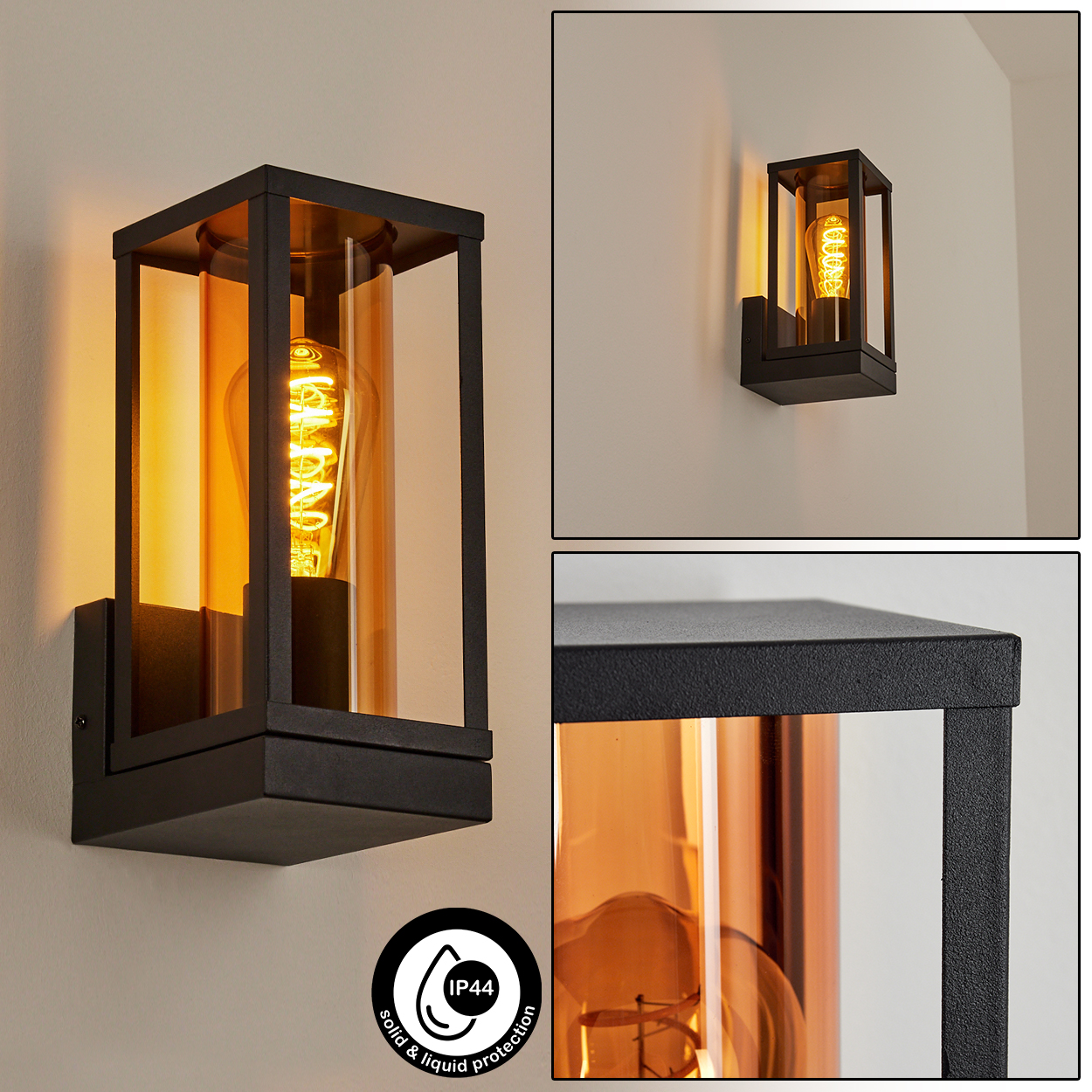 Schwarze Außenwandleuchte mit amberfarbenem Glas und Edison-Glühbirne. An einer beigefarbenen Wand. IP44-Schutzsymbol sichtbar.
