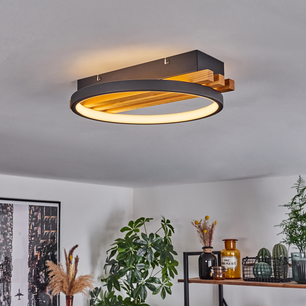 Eine moderne Deckenleuchte mit Holz- und Metalldesign. Darunter sind Pflanzen und Dekorationen zu sehen, darunter ein gerahmtes Bild.