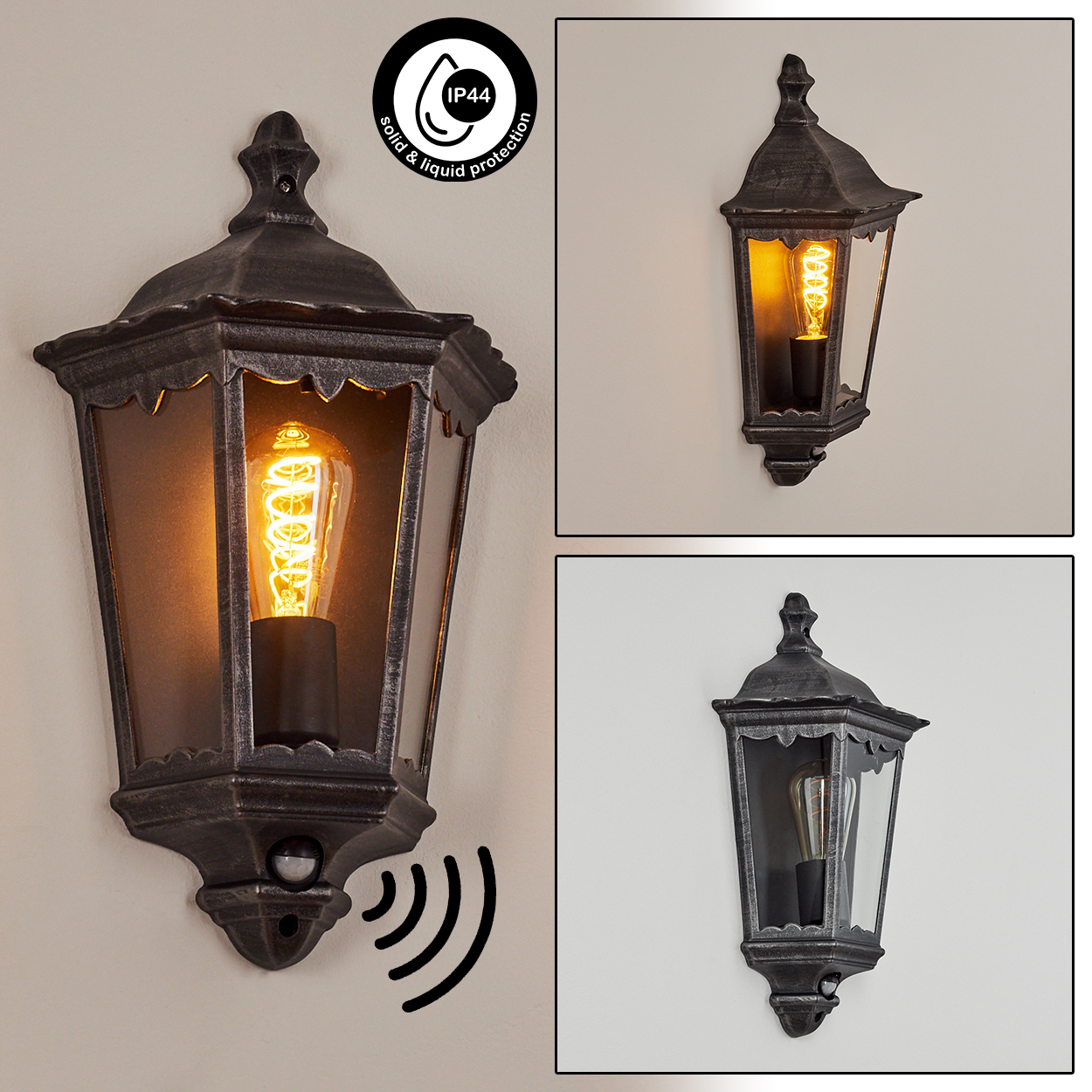 Eine schwarze Außenlampe mit einer Spirallampe. Sie ist an einer cremefarbenen Wand montiert und hat einen Bewegungssensor.