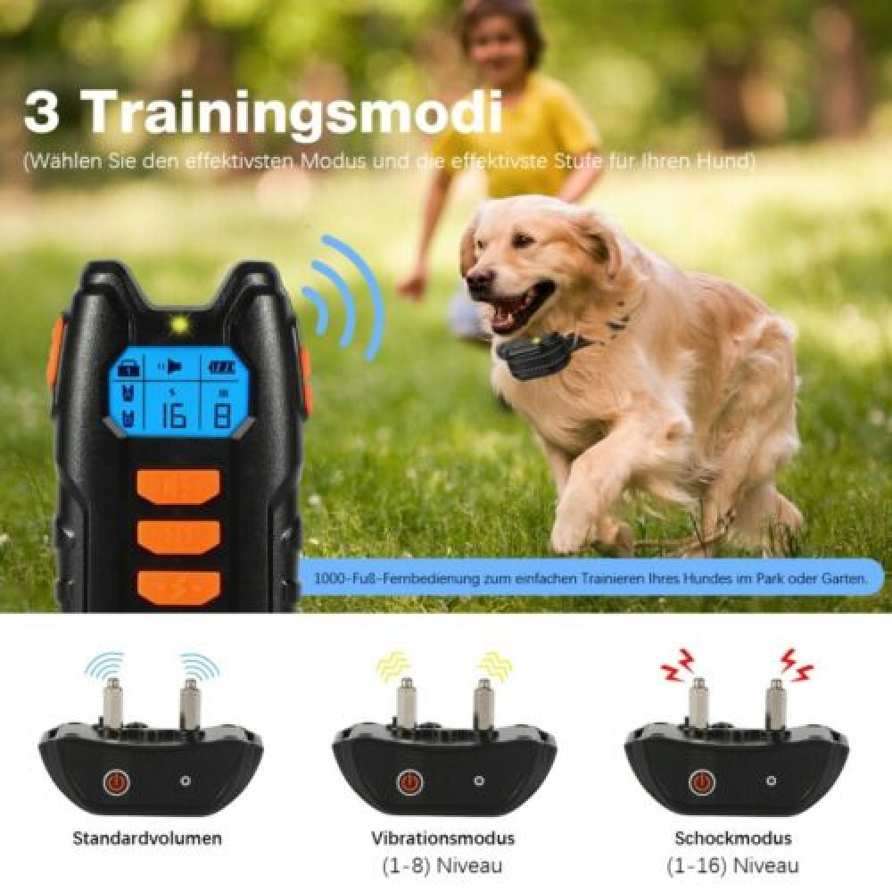 Eine Werbung zeigt ein Hundehalsband, einen Hund, der rennt, und eine Fernbedienung. Das Halsband hat drei Modi: Standard, Vibration und Schock.