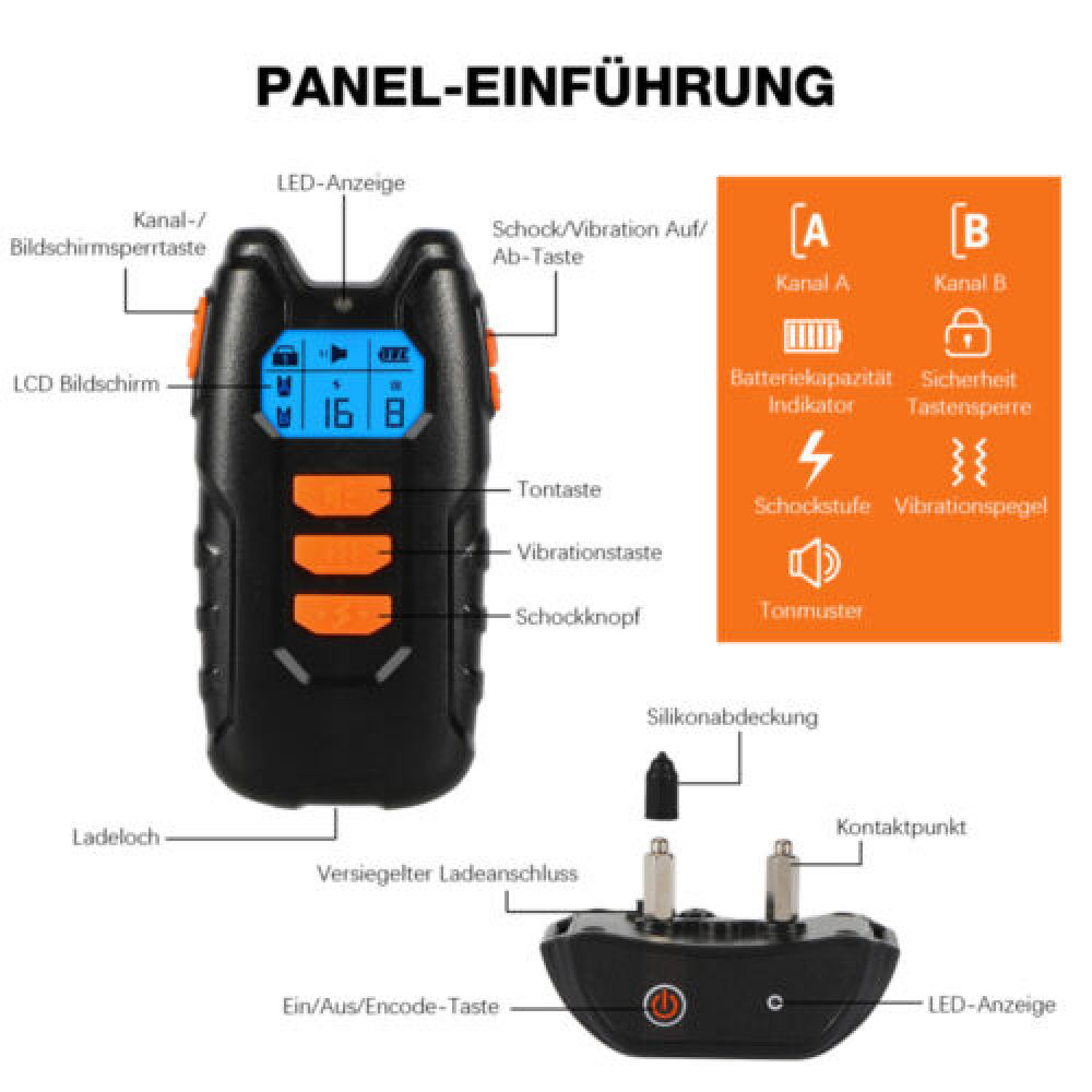 Diagramm eines Geräts mit Tasten und Anzeige, beschriftet mit deutschem Text, einschließlich Ladeanschluss und Fernbedienungsstecker.