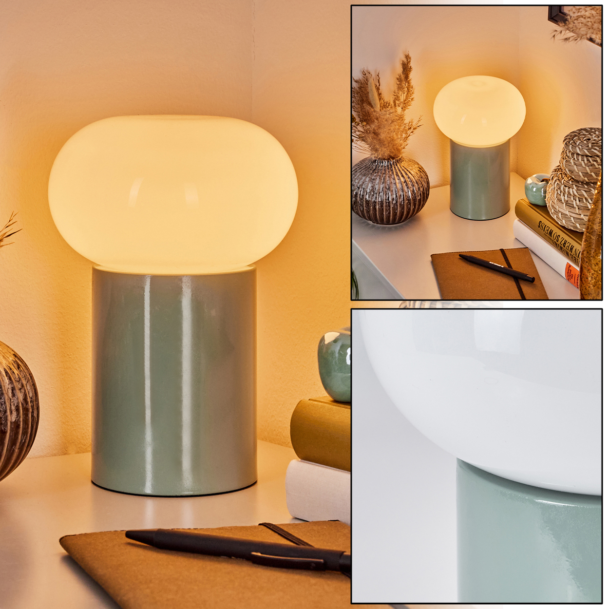 Eine moderne Lampe mit weißem, abgerundeten Schirm steht auf einem grünen, zylindrischen Sockel. Weitere Gegenstände sind Bücher, ein Stift und Dekorationen.