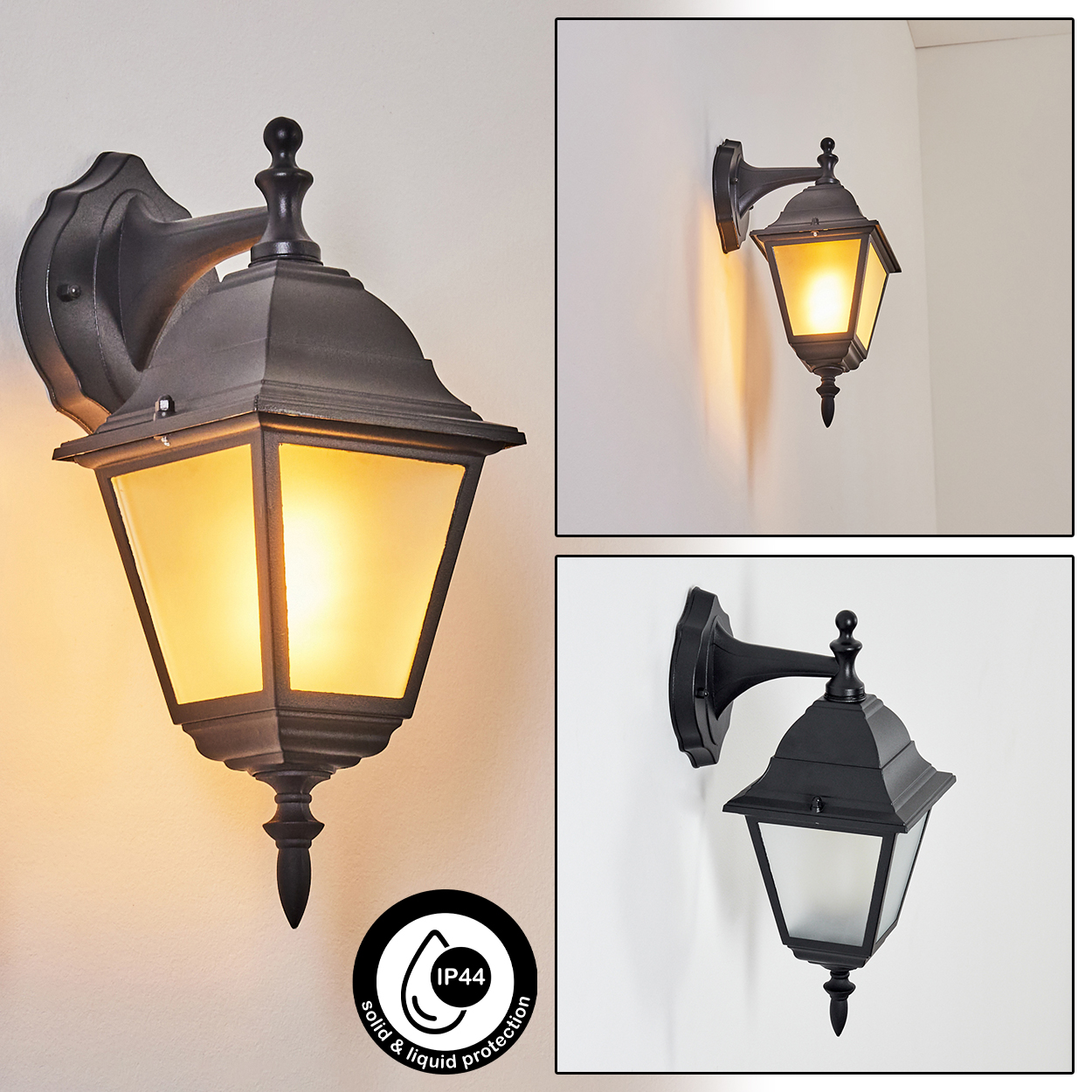 Schwarze Außenlampe mit warmem gelbem Licht. Sie ist an einer Wand befestigt und hat ein IP44-Schutzsymbol, das Flüssigkeitsschutz anzeigt.