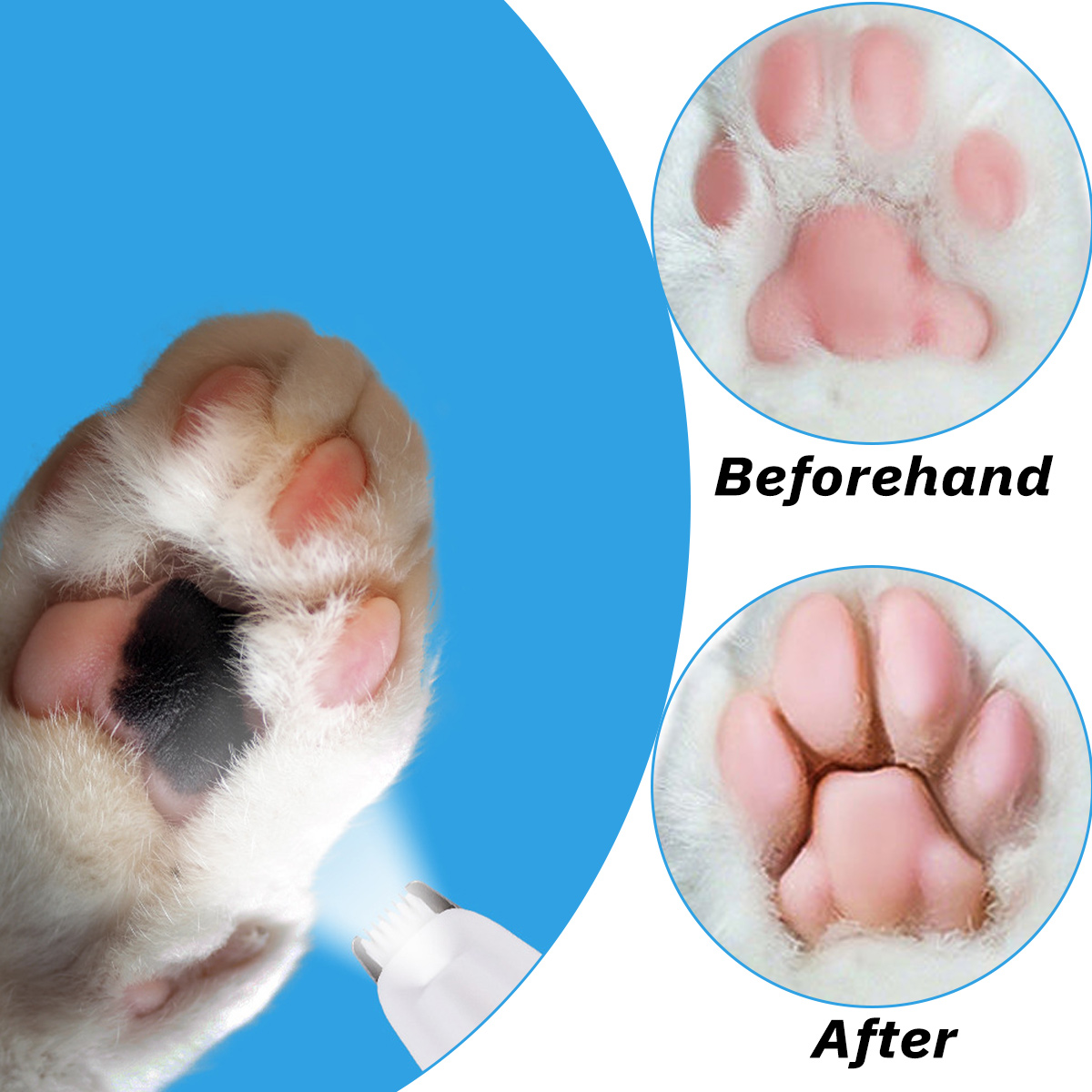 Katzenpfote vor und nach der Pflege, mit rosa Ballen und weißem Fell. Ein Pflegegerät ist sichtbar. Blauer Hintergrund.