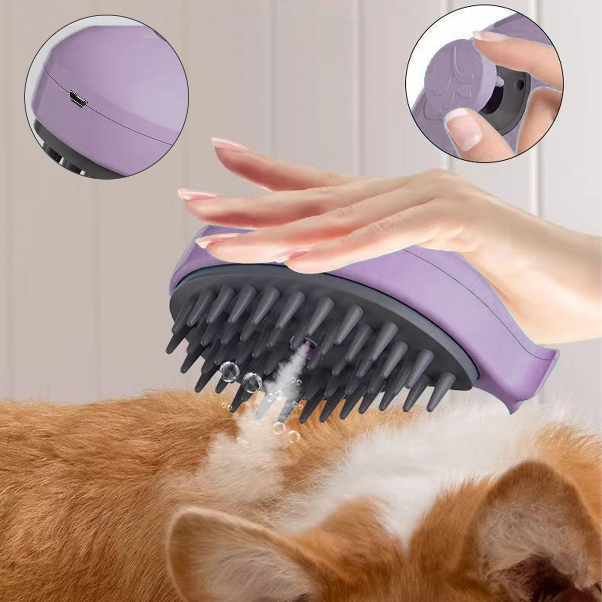 Eine Hand benutzt eine lila Haustierbürste auf dem Fell eines Hundes. Wassertröpfchen sind sichtbar. Details der Bürste sind insets gezeigt.