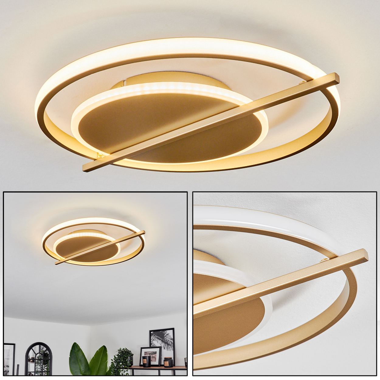 Eine moderne Deckenleuchte mit goldenem und weißem kreisförmigem Design, vor einer weißen Decke. Unten ist ein Raum mit Pflanzen und Bildern.