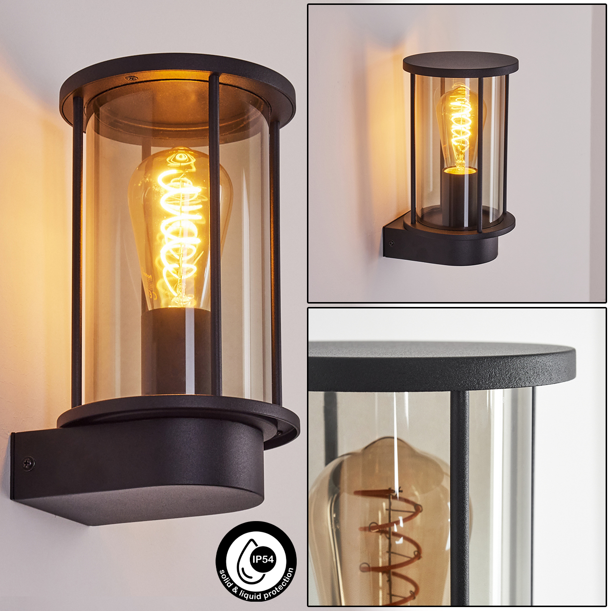 Schwarze Außenwandleuchte mit Glasschirm und sichtbarer Glühbirne. Die Lampe ist an einer weißen Wand montiert.