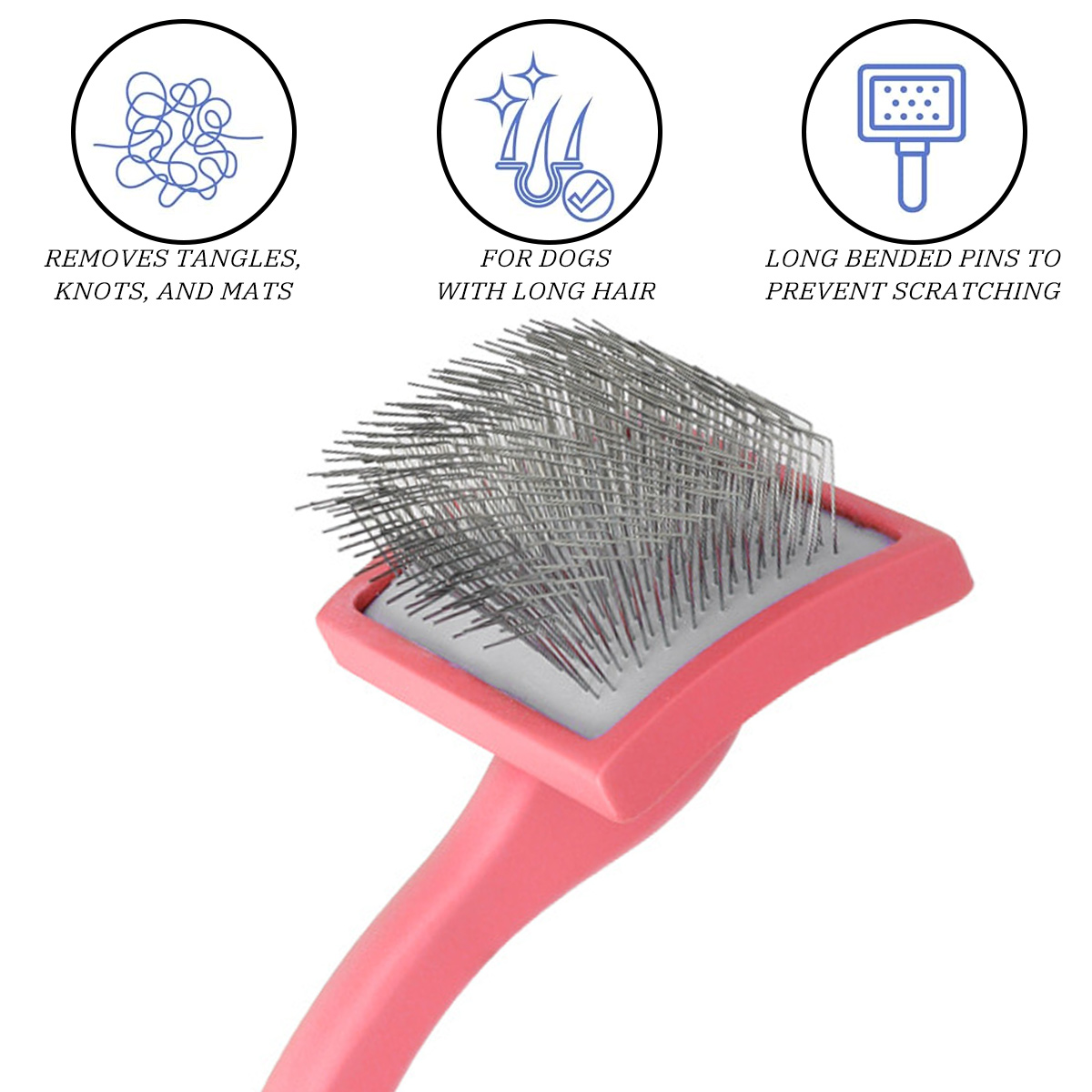 Eine rosa Haustierbürste mit Metallstiften. Sie ist zum Entfernen von Verfilzungen und Matten bei Hunden mit langem Haar gedacht.