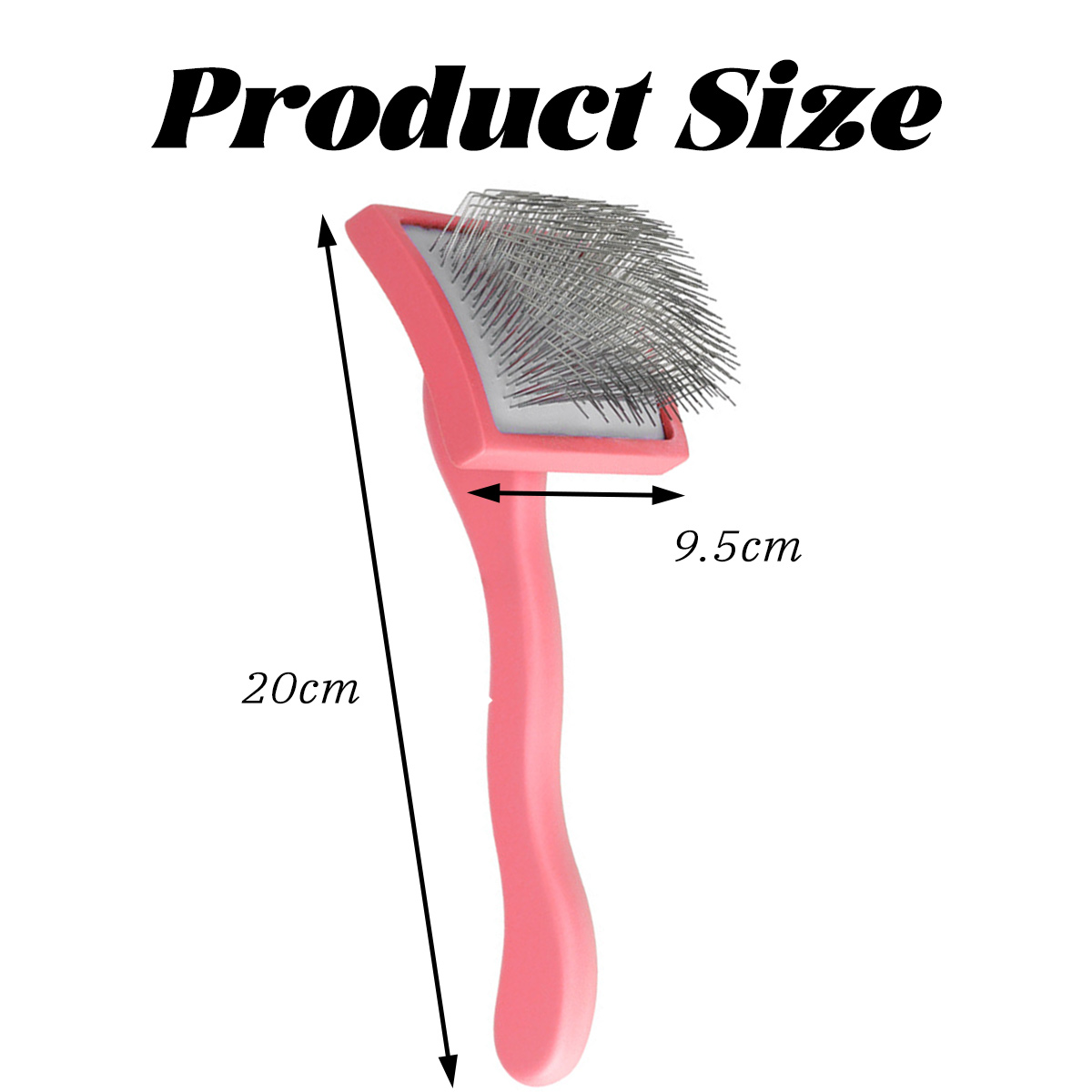 Eine rosa Haustierbürste. Sie ist 20 cm lang und der Kopf ist 9,5 cm breit. Der Text 'Produktgröße' steht oben.