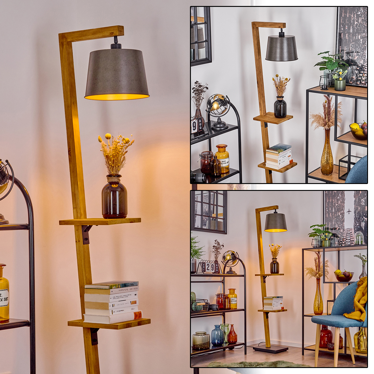Eine hölzerne Stehlampe mit grauem Lampenschirm. Sie hat Regale mit Büchern und Vasen. Weitere Regale mit Dekorationen befinden sich im Hintergrund.