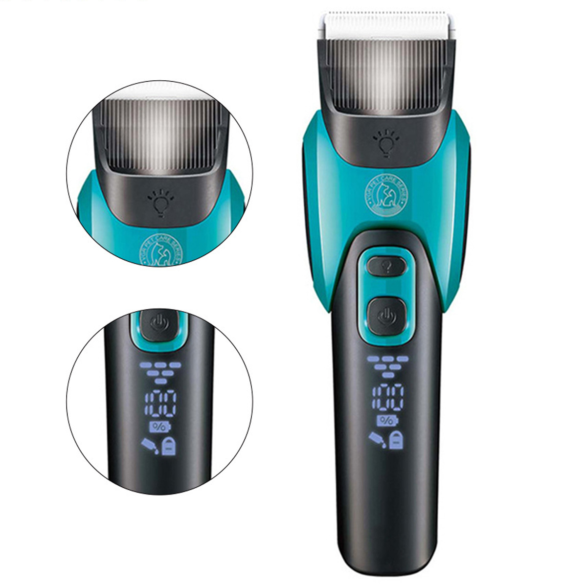 Ein teal-schwarzer Haarschneider für Haustiere. Er zeigt den Batteriestand an und hat zwei kreisförmige Zoomansichten.