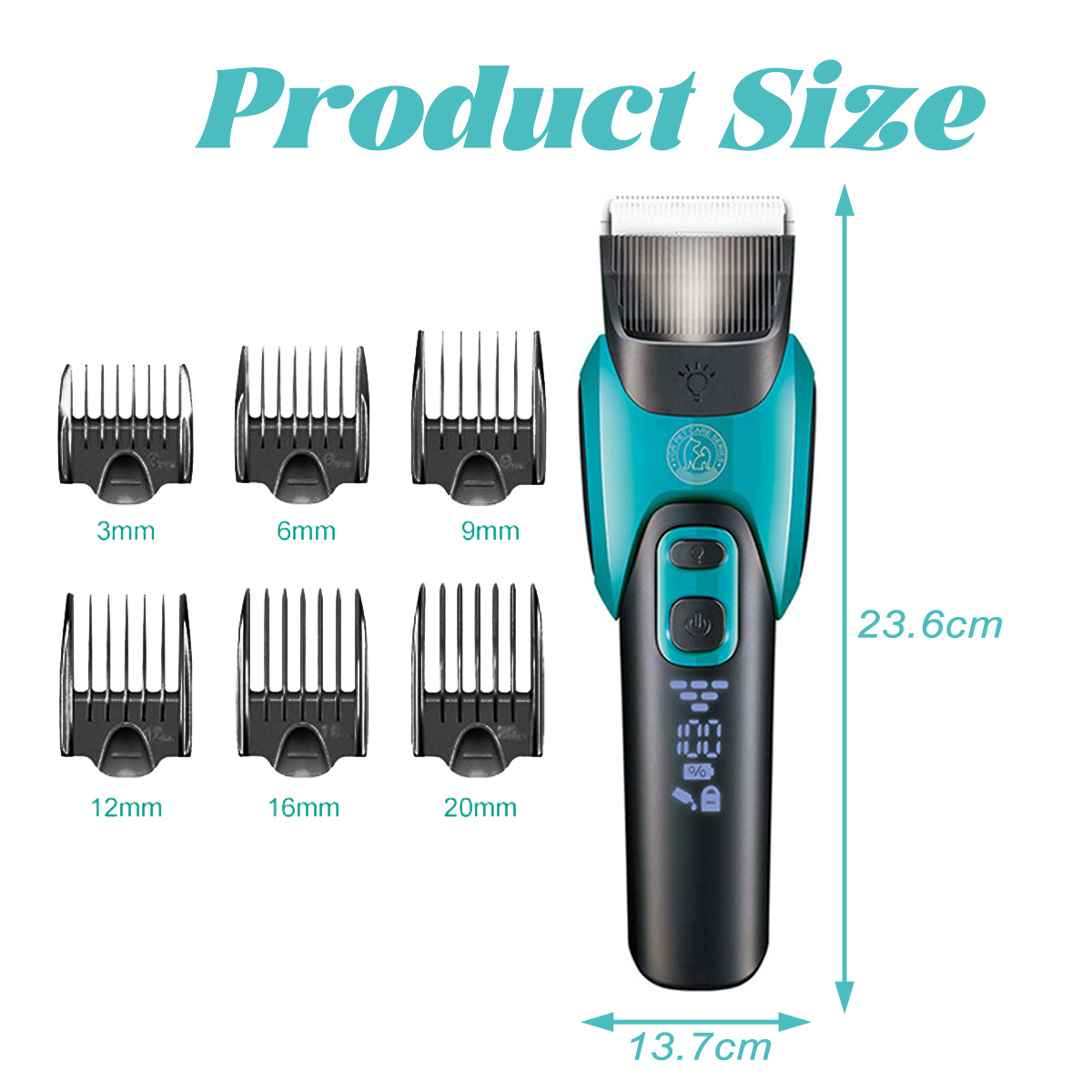 Produktgrößengrafik. Haarschneidemaschine in Blau und Schwarz mit sechs Kämmen. Abmessungen: 23,6 cm hoch, 13,7 cm breit. Text: 'Produktgröße'.