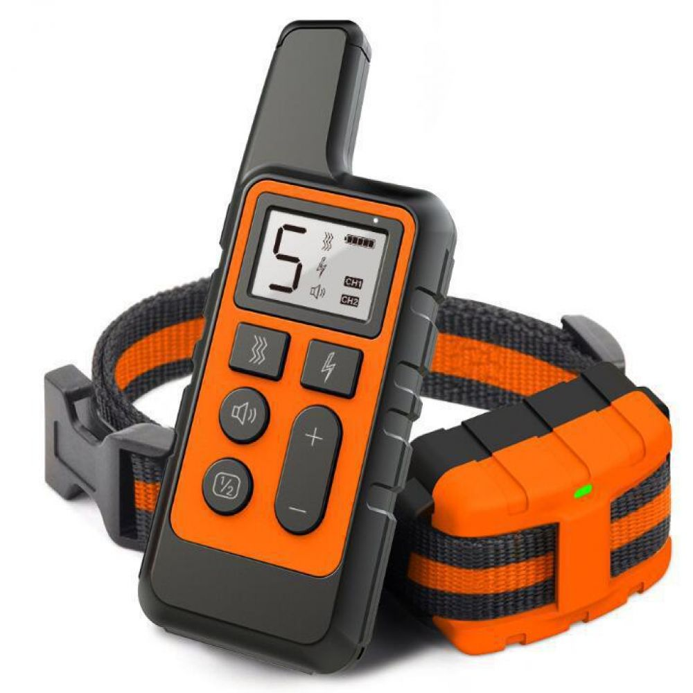 Hundetrainingshalsband und Fernbedienung. Schwarz und Orange dominieren. Es hat einen Bildschirm und mehrere Tasten.