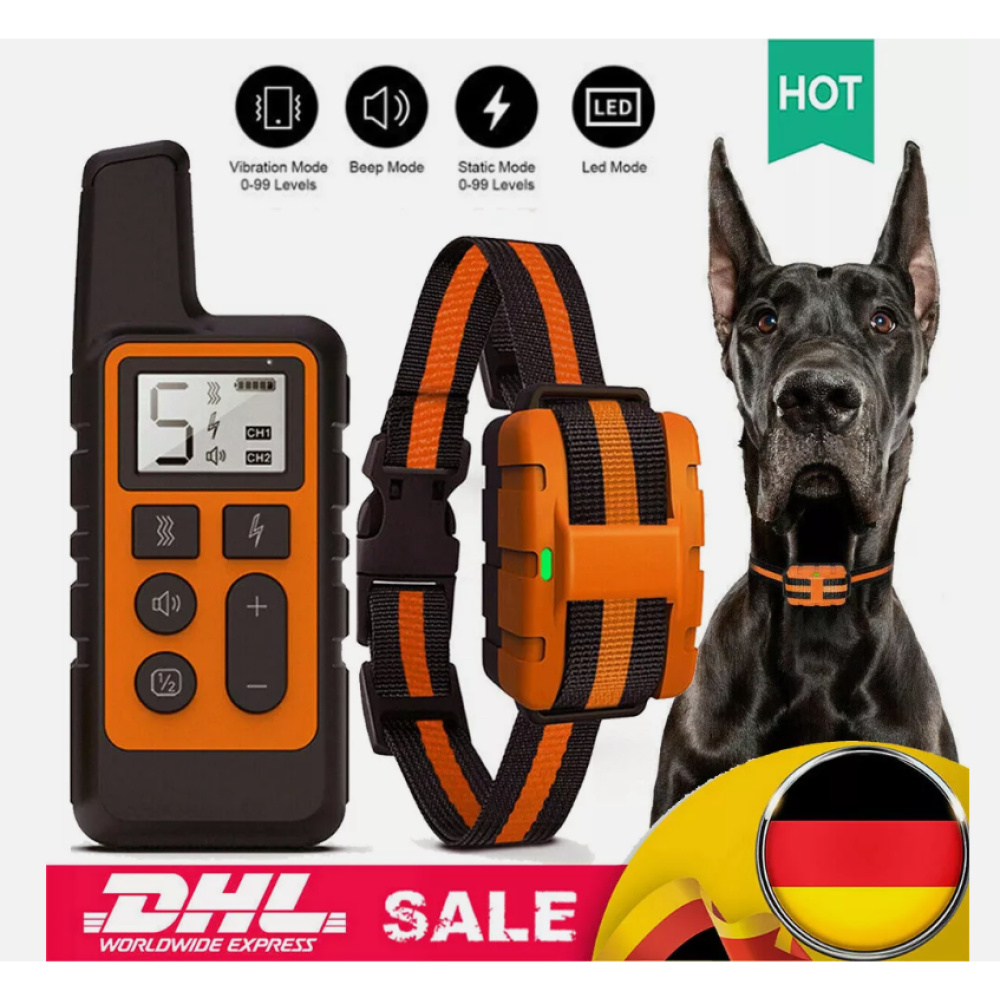 Ein orangefarbenes und schwarzes Hundeausbildungshalsband mit Fernbedienung, plus einem schwarzen Hund. In der Ecke befindet sich eine deutsche Flagge.