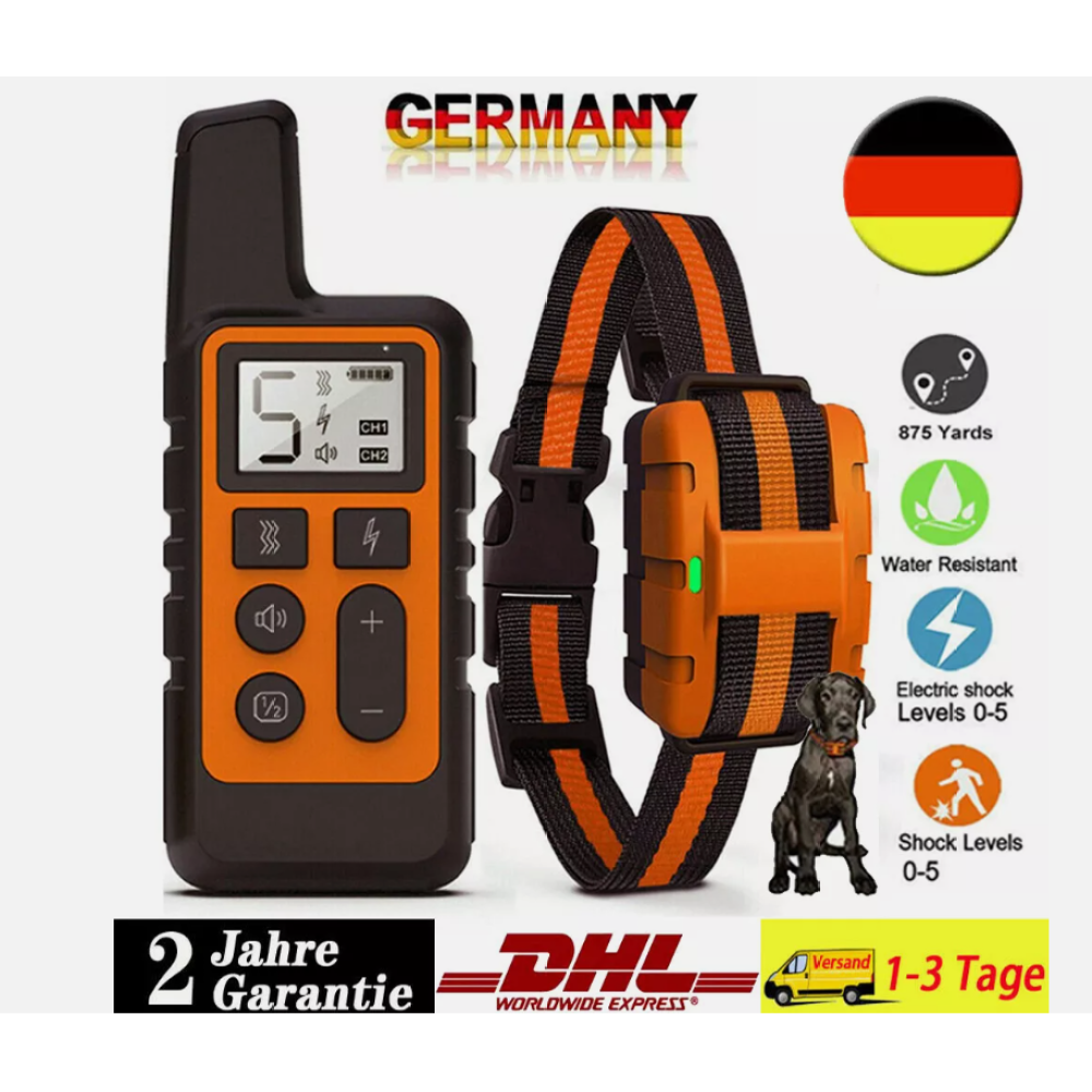 Hundetrainingsgerät mit Fernbedienung, Halsband und schwarzem Hund. Enthält Symbole für Entfernung, Wasserfestigkeit und Schockstufen.