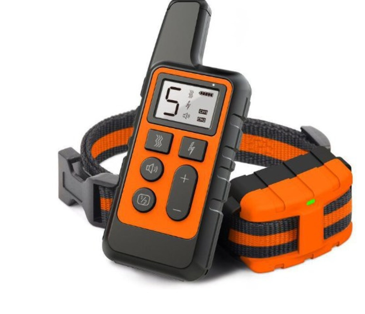 Hundetrainingshalsband mit Fernbedienung. Orange und schwarz. Der Bildschirm zeigt Stufe 5. Halsband und Fernbedienung auf weißem Hintergrund.