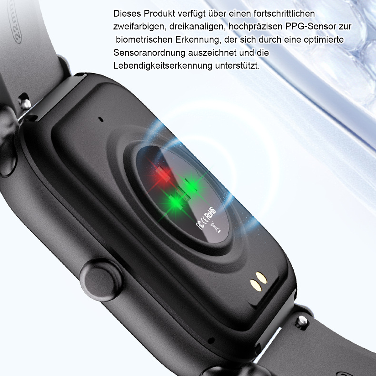 Nahaufnahme einer schwarzen Smartwatch mit einem Sensor, der rote und grüne Lichter hat. Das Armband ist ebenfalls schwarz.