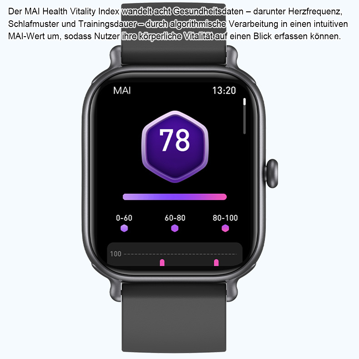 Smartwatch zeigt Vitalitätsindex 78. Der Bildschirm zeigt eine sechseckige Form mit der Zahl, einem Fortschrittsbalken und der Zeit.