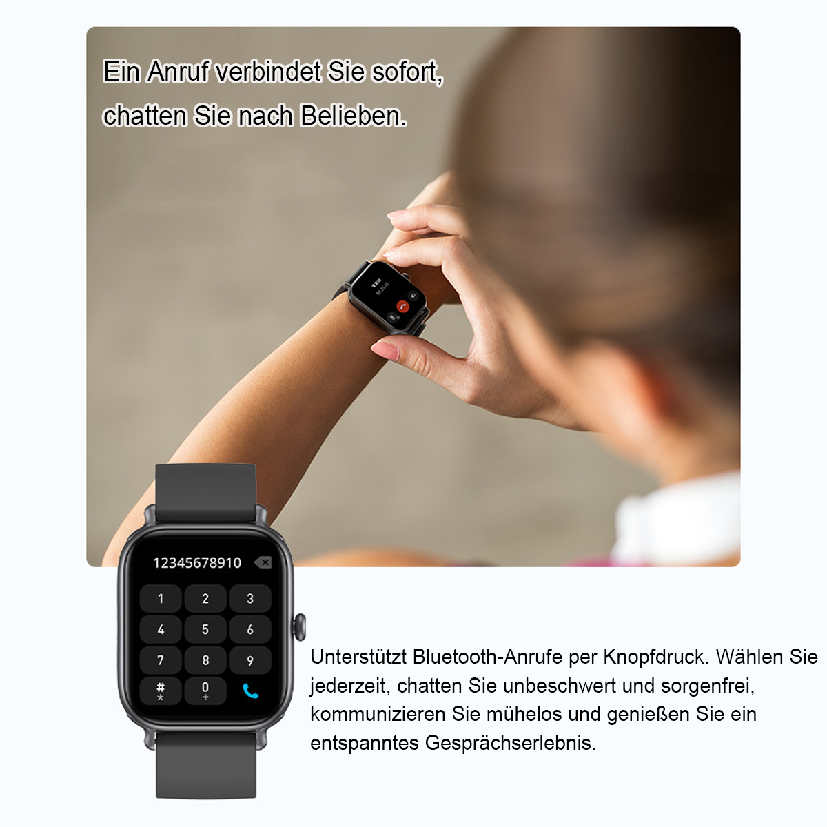 Eine Person, die eine Smartwatch mit einem Wählfeld auf dem Bildschirm trägt. Die Uhr befindet sich an ihrem Handgelenk. Text oben. Text unten.