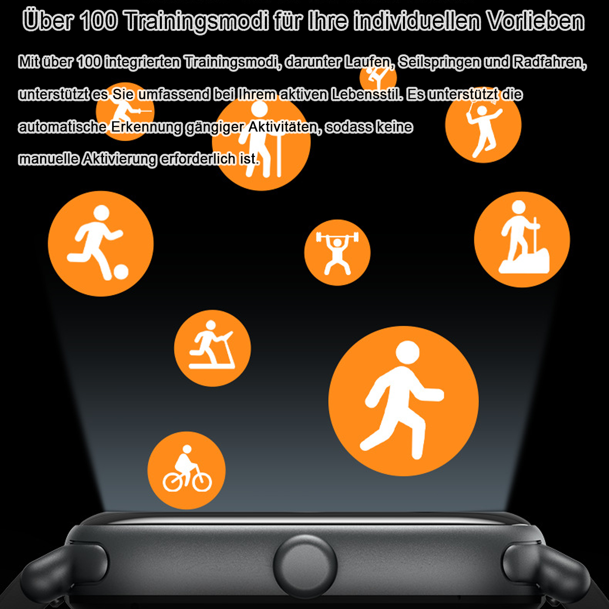 Eine Smartwatch mit mehreren orangefarbenen Kreisen, die verschiedene Trainingssymbole zeigen. Text zeigt über 100 Trainingsmodi.