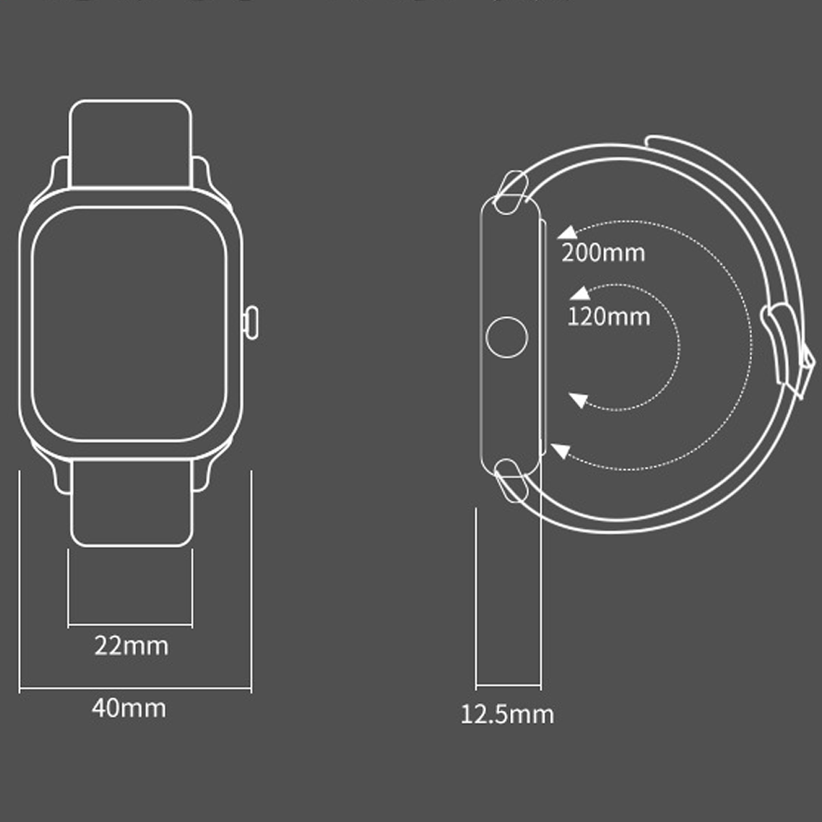 Diagramm einer Smartwatch mit Abmessungen. Zeigt Vorder- und Seitenansicht. Maße: 40 mm, 22 mm, 12,5 mm, 200 mm und 120 mm.