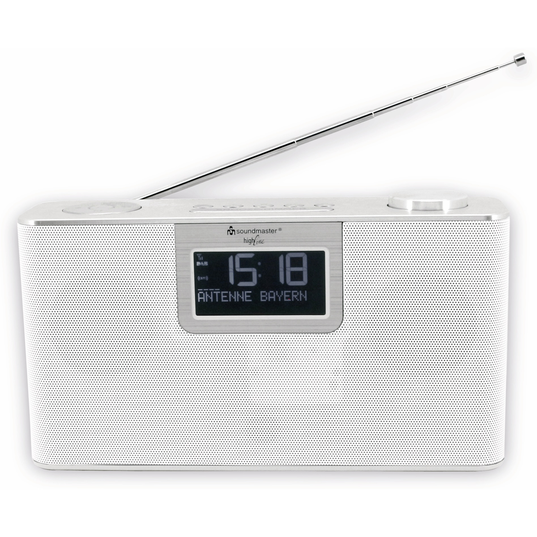 Weißes und silbernes Radio mit Antenne. Das Display zeigt 15:18 und 'ANTENNE BAYERN'.