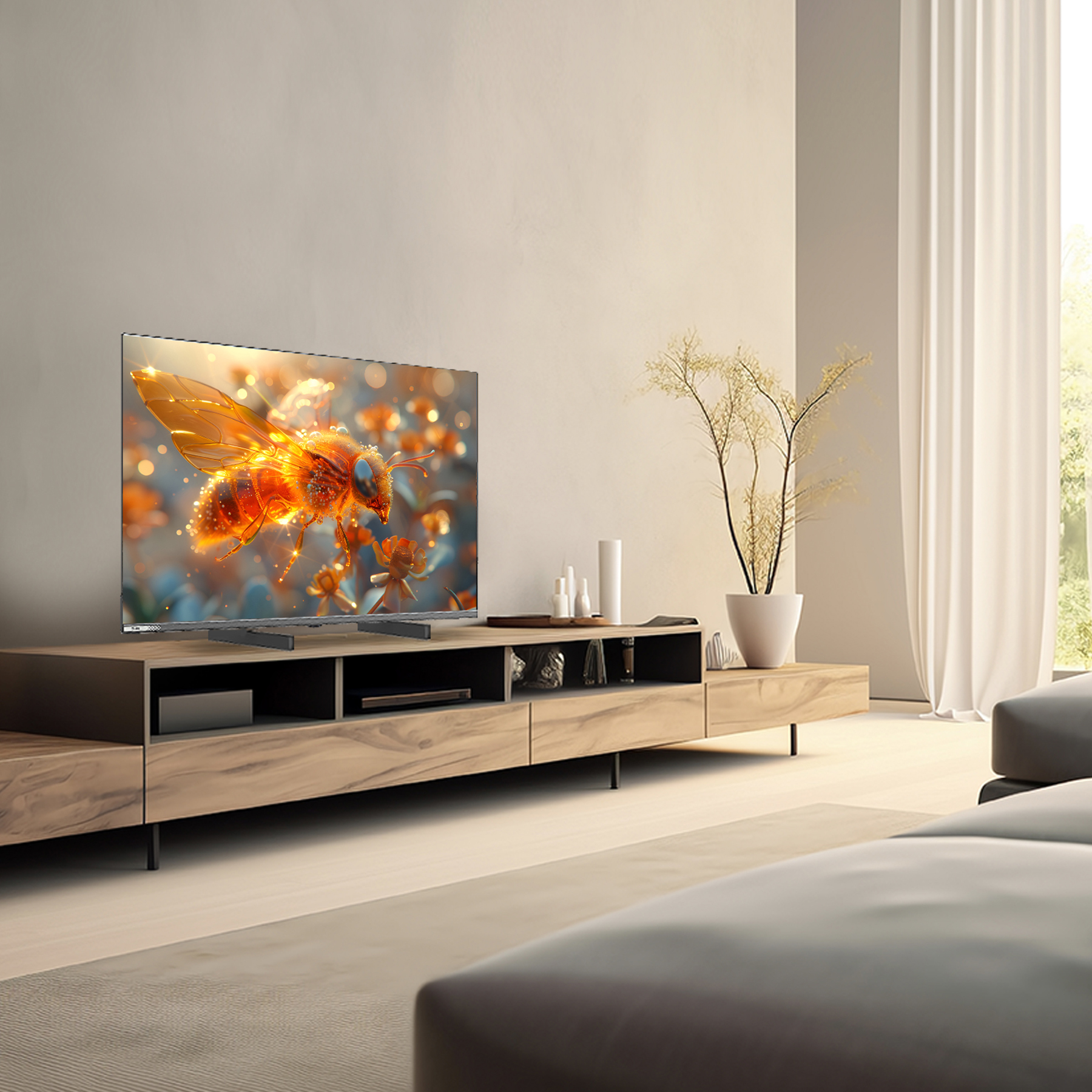 Ein Fernseher zeigt ein leuchtendes Bienenbild. Ein Holzschrank, eine Pflanze und ein Sofa sind im Raum. Beige Wände und Vorhänge sind sichtbar.