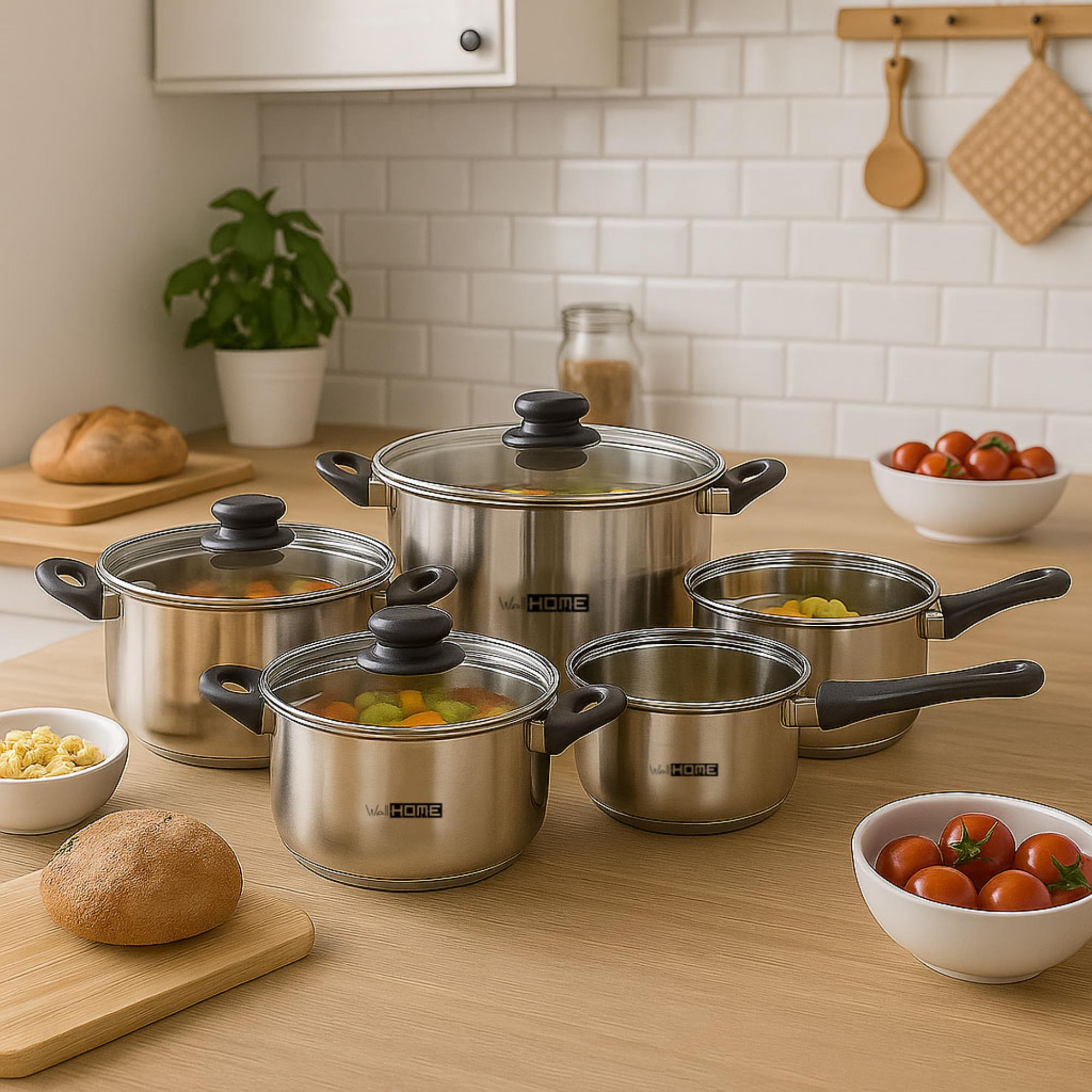 Ollas de acero inoxidable con verduras, tomates y pan sobre madera. Ambiente de cocina con azulejos blancos.