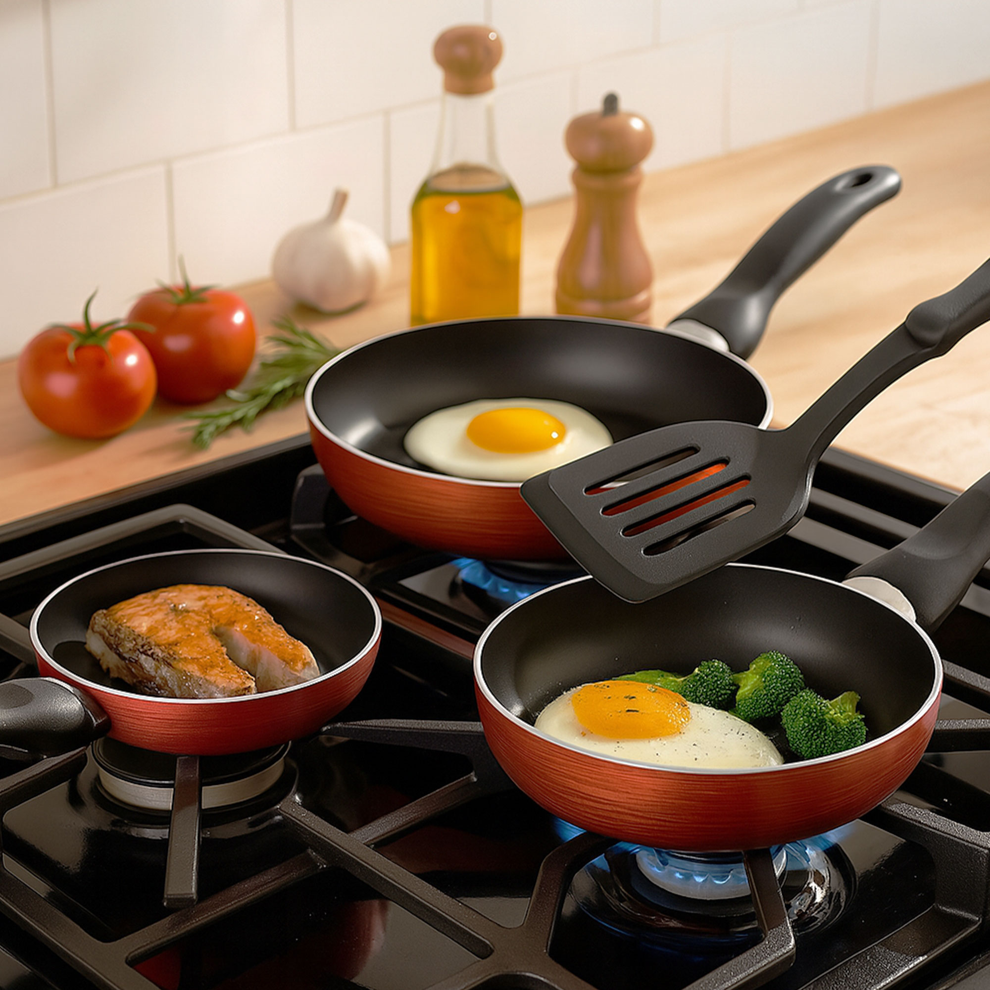 Tres sartenes en una estufa con comida: huevos fritos, salmón y brócoli. Tomates, ajo y aceite en el fondo.