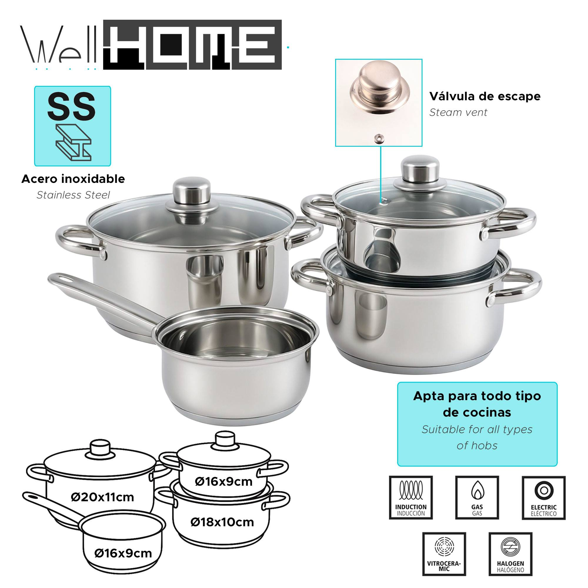 Juego de utensilios de cocina de acero inoxidable. Incluye ollas y sartenes con tapas de vidrio. Para diferentes cocinas.