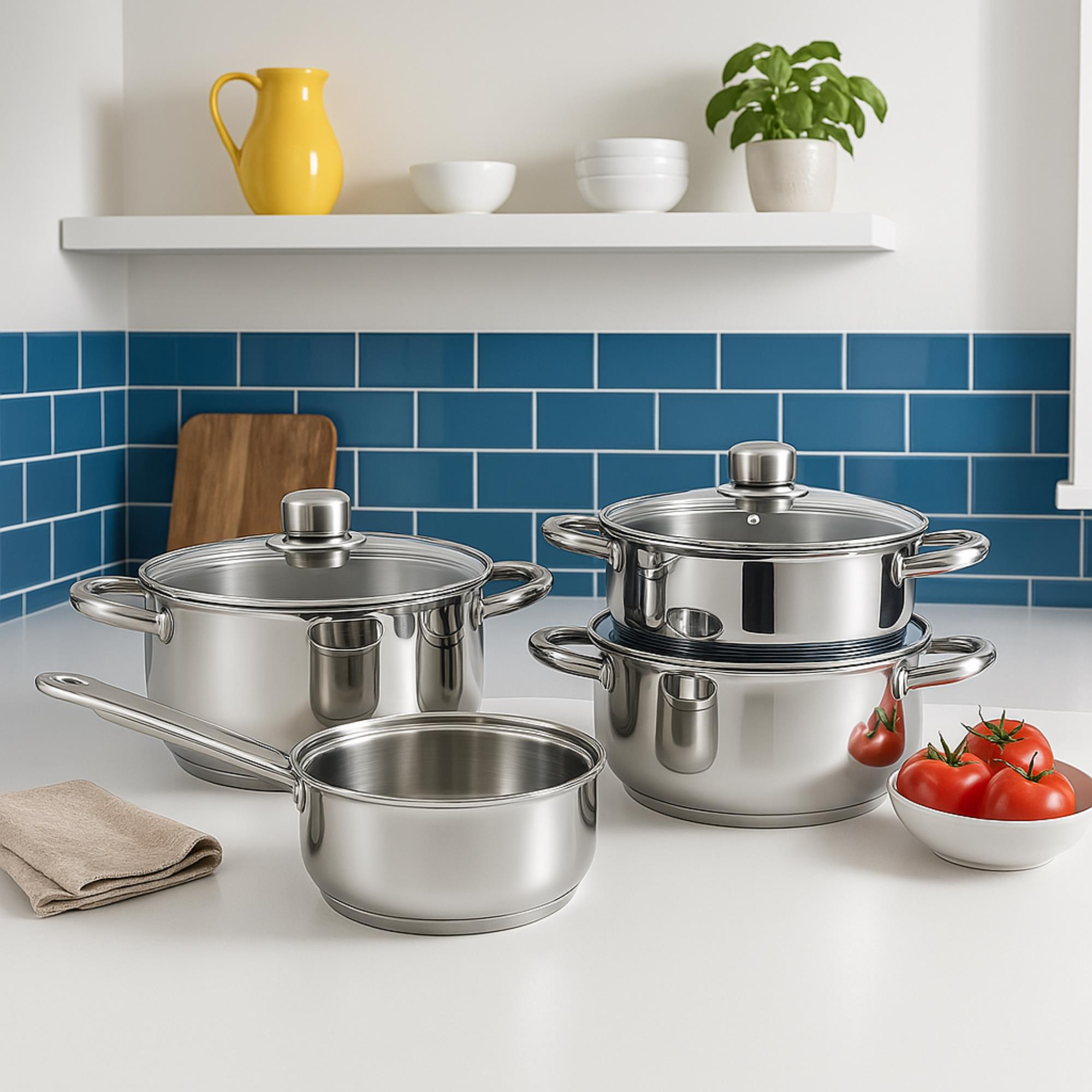 Escena de cocina con ollas de acero, tomates y jarra amarilla. Azulejos azules. Estante blanco con cuencos y planta.
