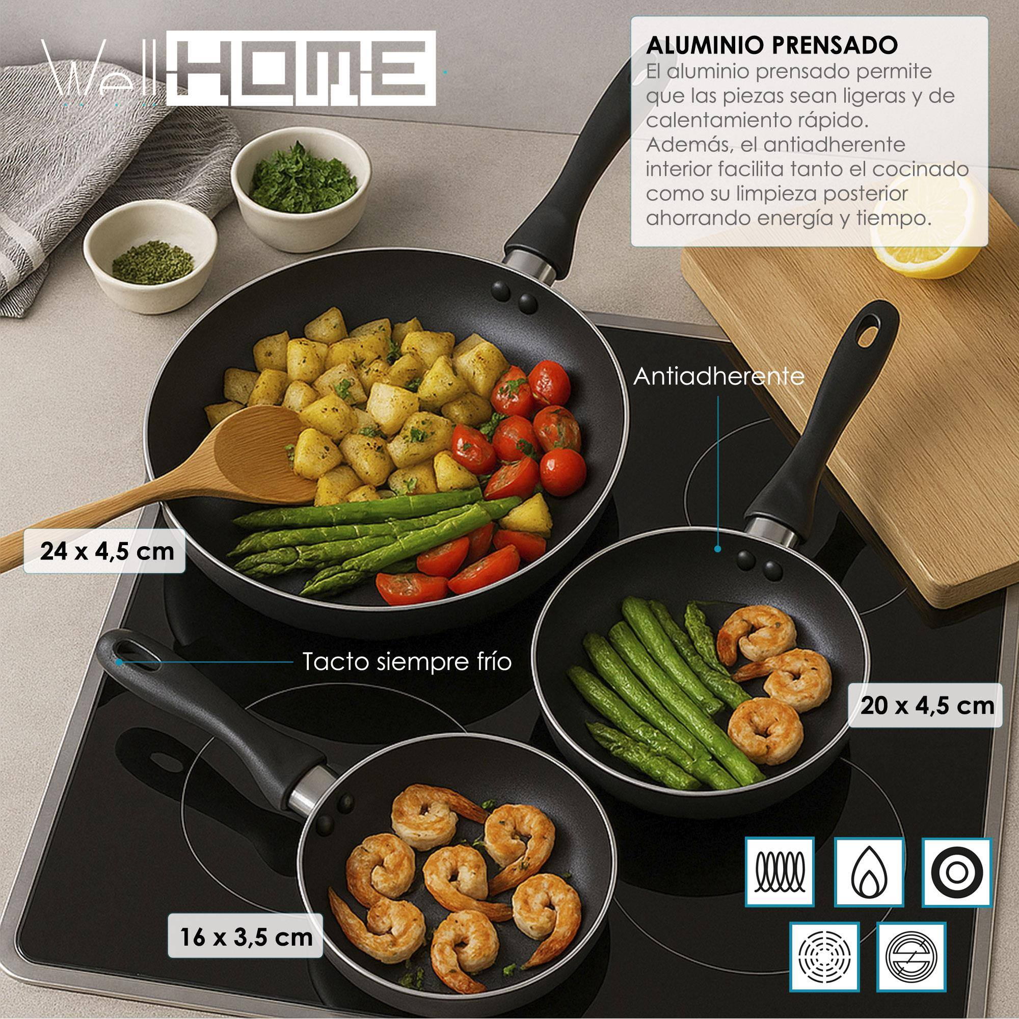 Tres sartenes con comida: patatas, tomates, espárragos y gambas. Sartenes sobre una estufa negra. Hay etiquetas de texto y logotipos.
