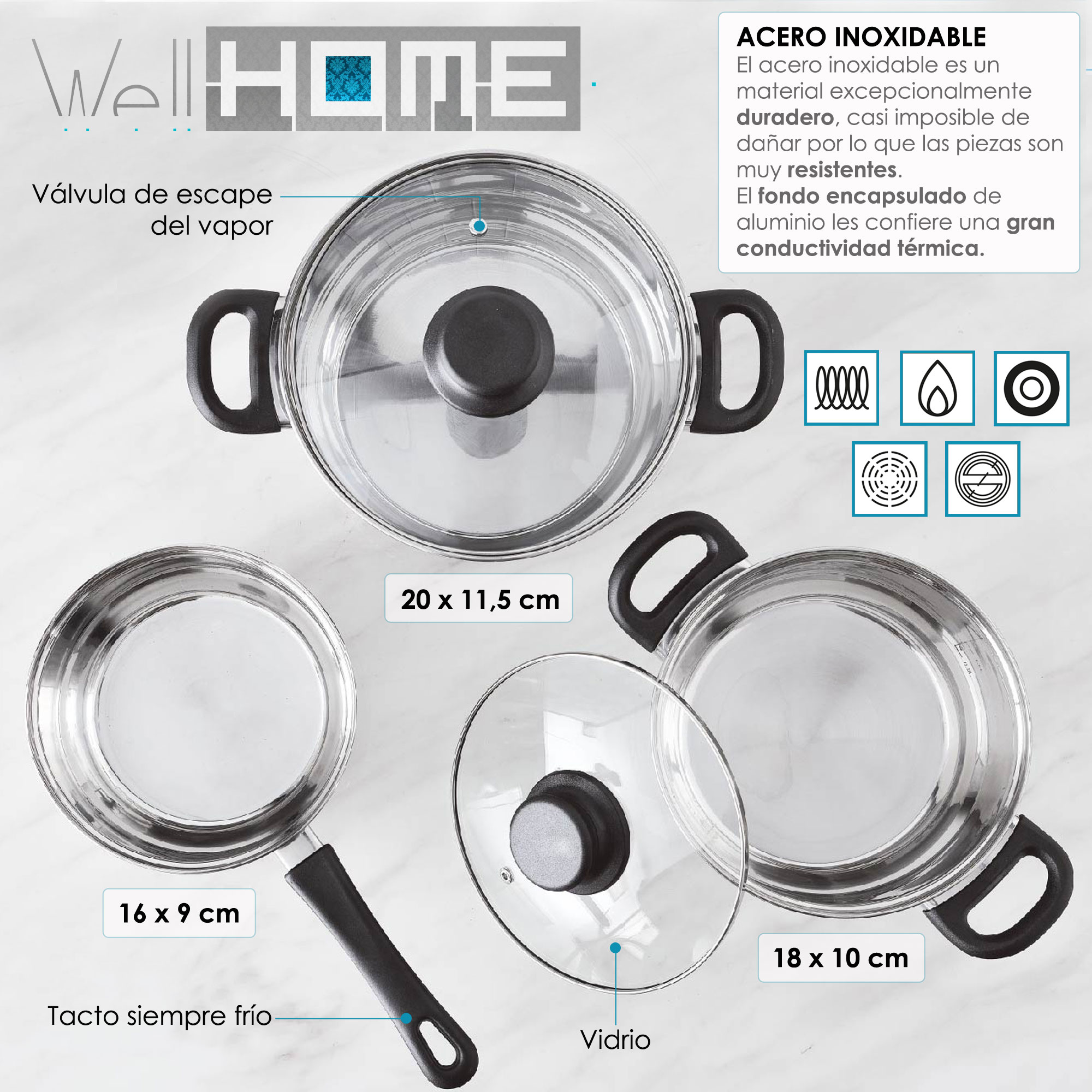 Juego de utensilios de cocina de acero inoxidable con tapas de vidrio, asas negras y etiquetas de tamaño sobre mármol blanco.